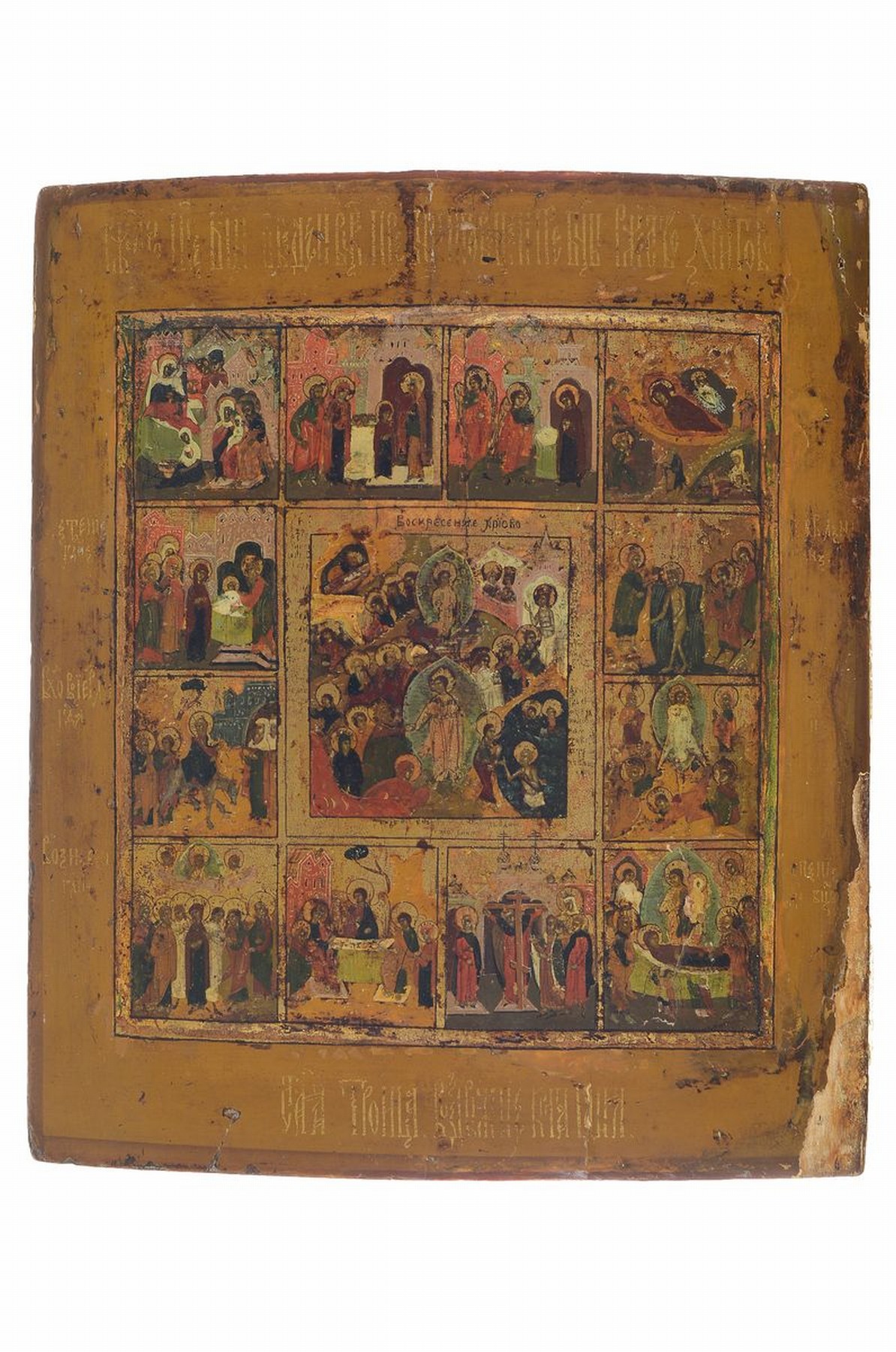 Ikone, Russland, 2. Hälfte 19. Jh., Höllenfahrt und Auferstehung Christi im Mittelteil, in 12 umliegenden Bildern Szenen aus dem Leben Marias und ...