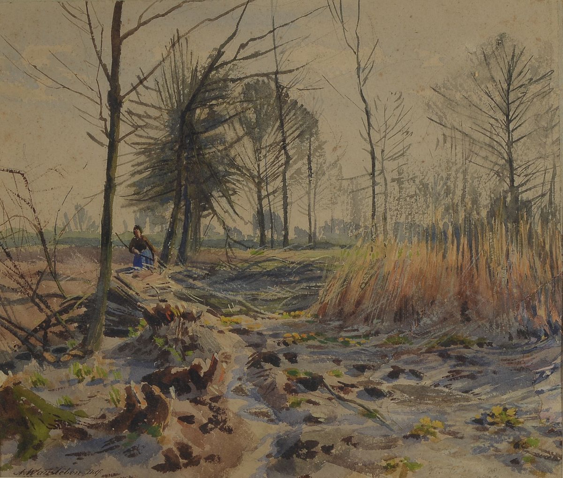 Arthur Wansleben, 1861-1917, Landschaft mit Holzsammlerin, Aquarell auf Papier, links unten signiert und bez. Ddf, ca. 27x31cm, R. ca. 46x52cm