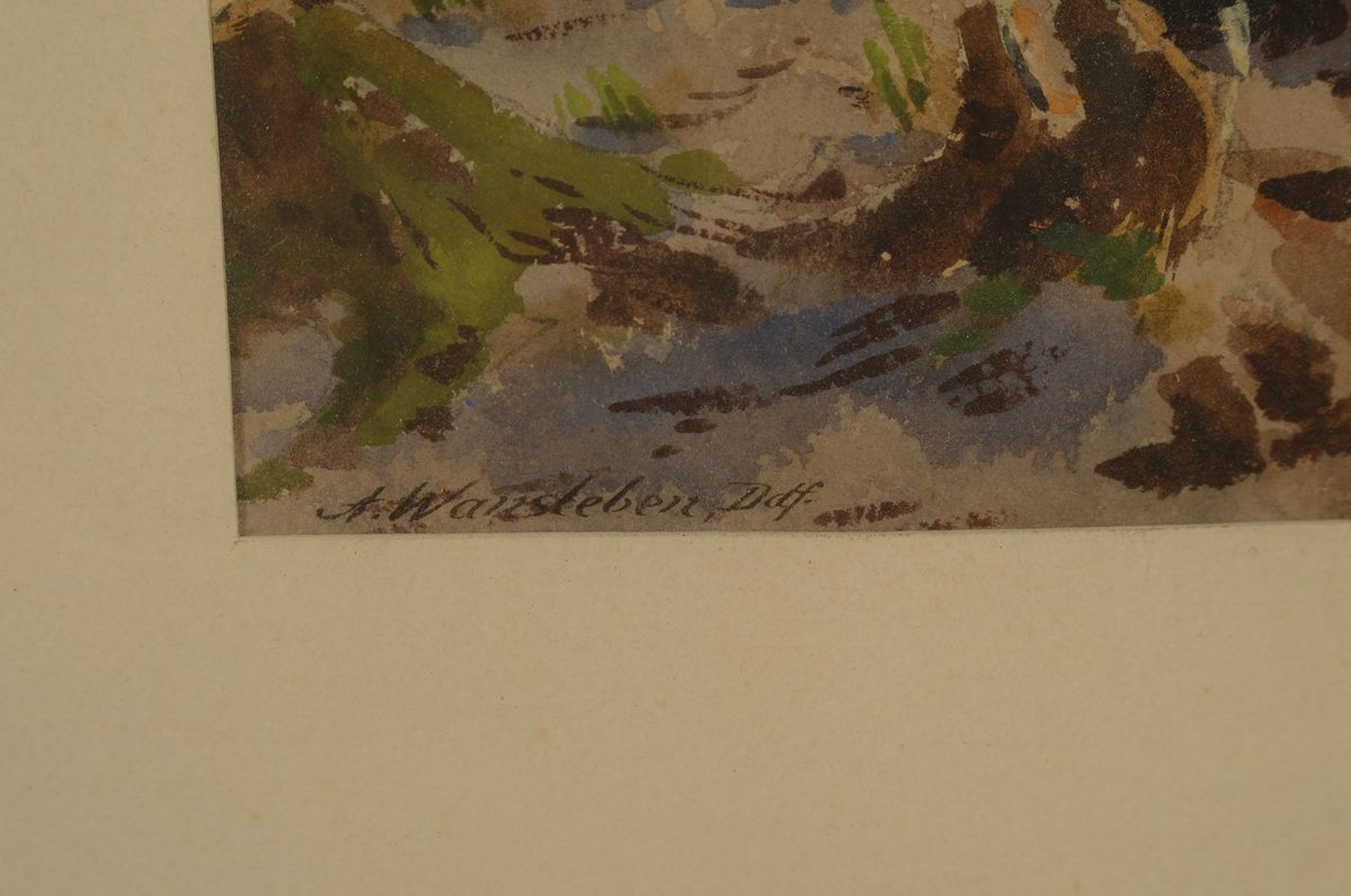 Detail a: Arthur Wansleben, 1861-1917, Landschaft mit Holzsammlerin, Aquarell auf Papier, links unten signiert und bez. Ddf, ca. 27x31cm, R. ca. 46x52cm
