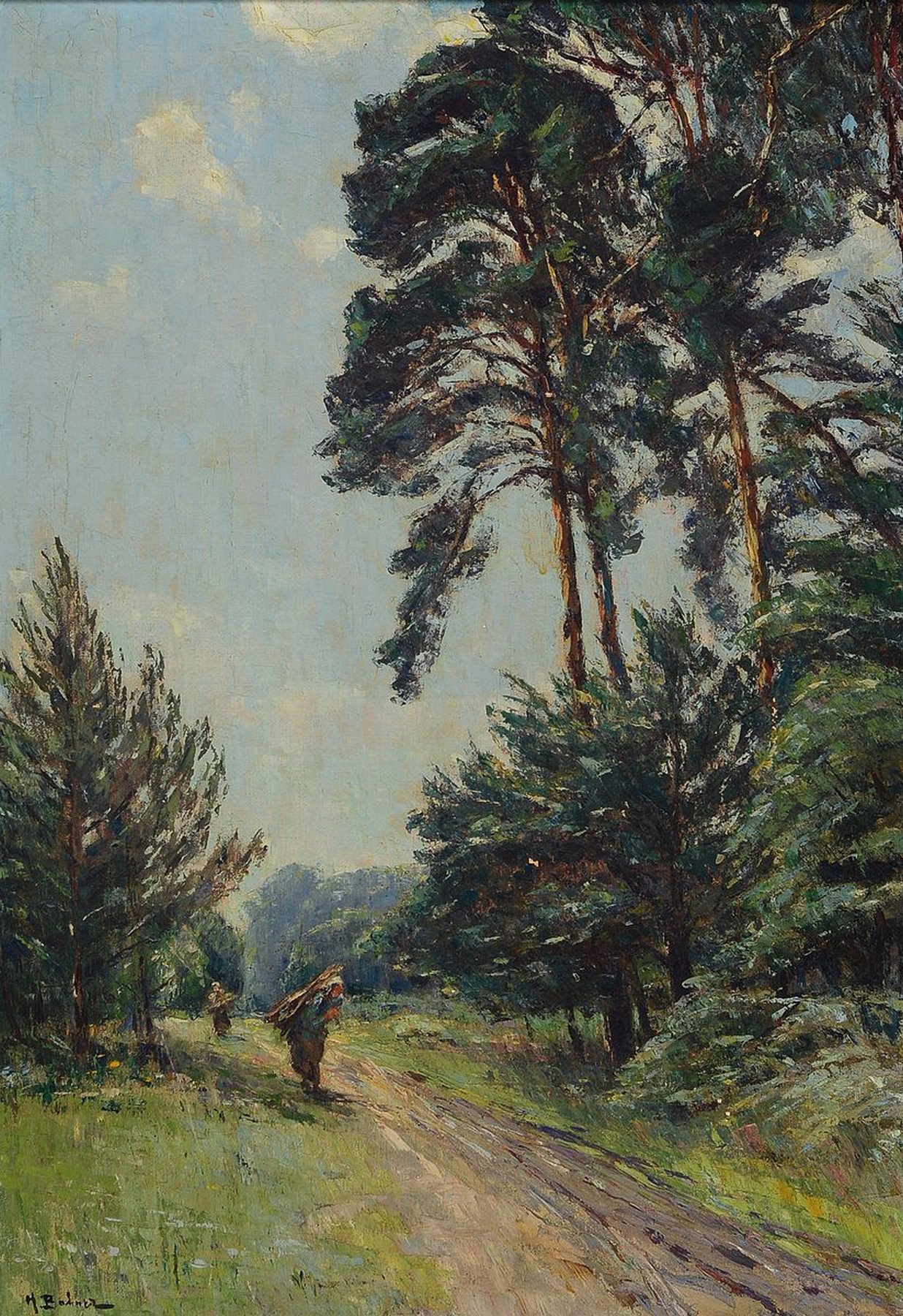 Hermann Bahner, 1867 Düsseldorf - 1938 Langen, Studium an der Akademie Düsseldorf, v.a. hessische Landschaften, hier: Waldweg mit Holzsammlerinnen, ...