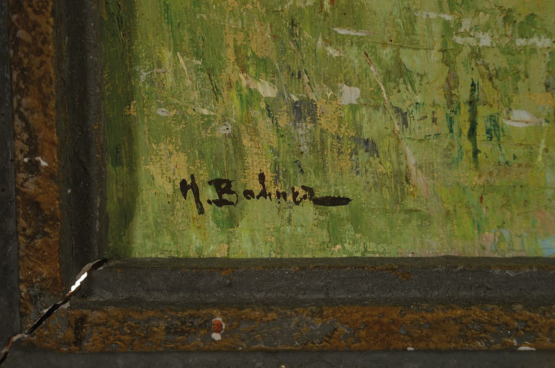 Detail a: Hermann Bahner, 1867 Düsseldorf - 1938 Langen, Studium an der Akademie Düsseldorf, v.a. hessische Landschaften, hier: Waldweg mit Holzsammlerinnen, ...