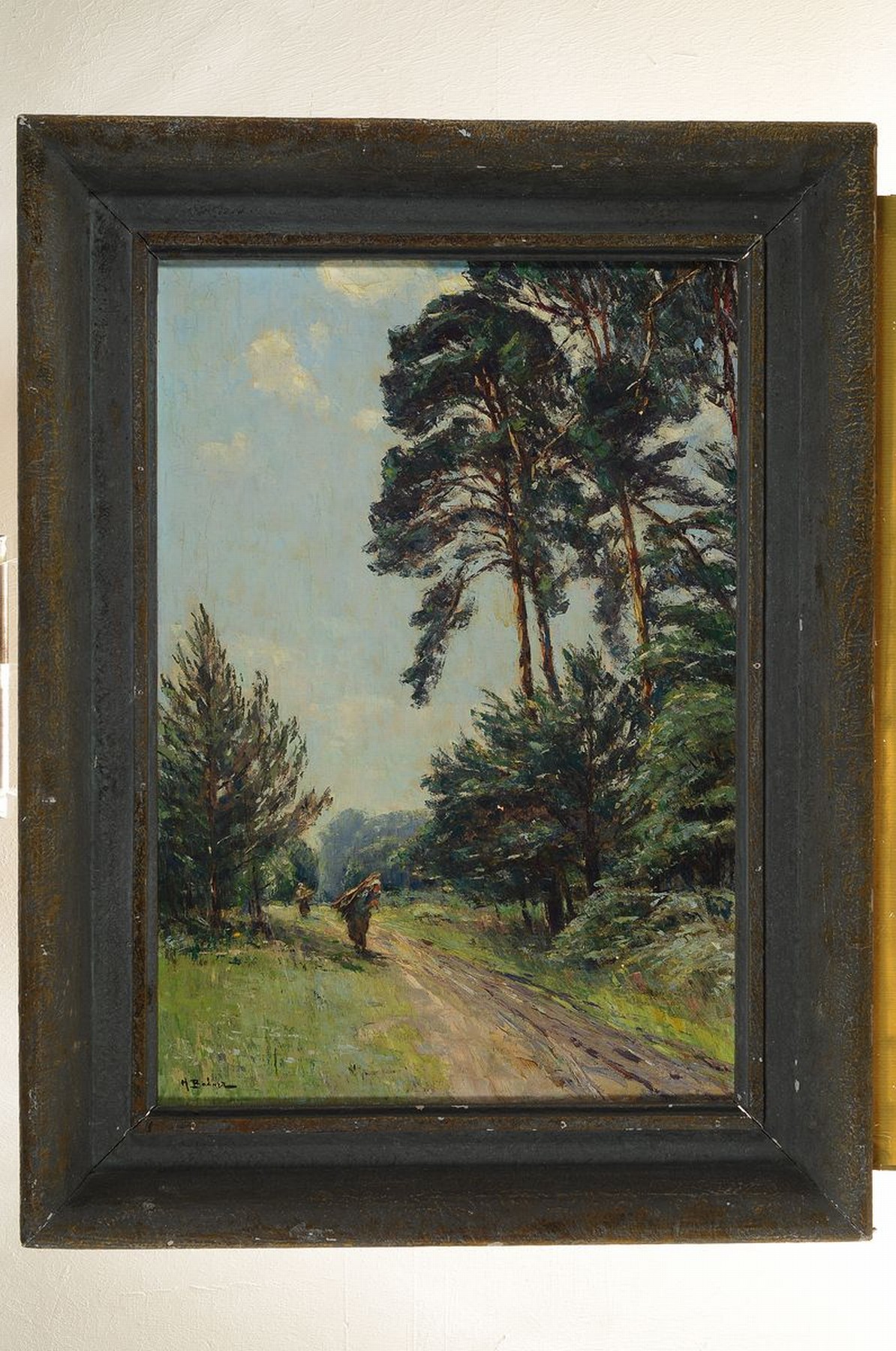 Detail k: Hermann Bahner, 1867 Düsseldorf - 1938 Langen, Studium an der Akademie Düsseldorf, v.a. hessische Landschaften, hier: Waldweg mit Holzsammlerinnen, ...