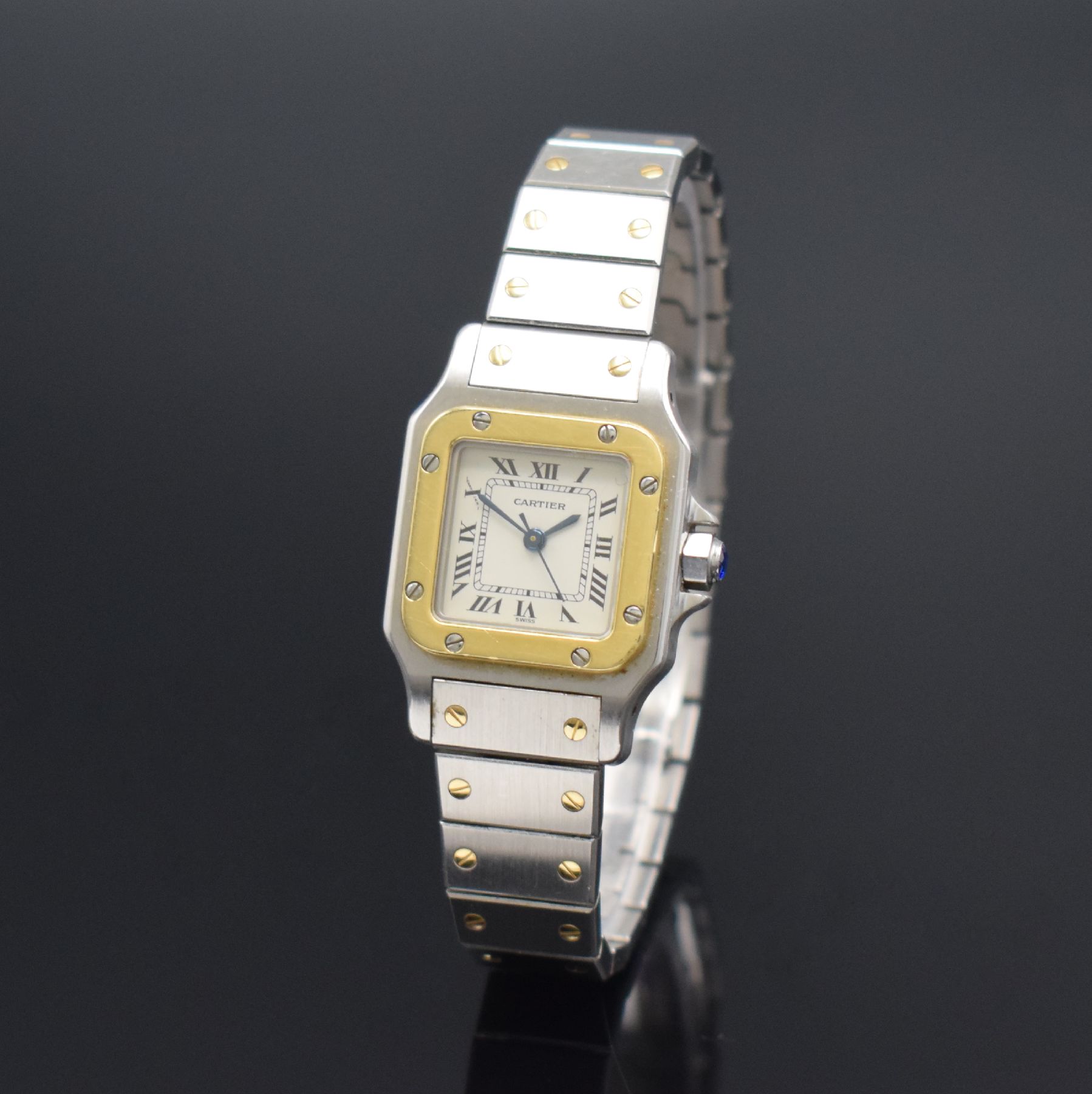Detail b: CARTIER Santos Damenarmbanduhr in Stahl/Gold, Schweiz um 1990, Automatik, Ref. 1170902, Boden & Lünette 8-fach verschr., Gliederband m. dopp. ...