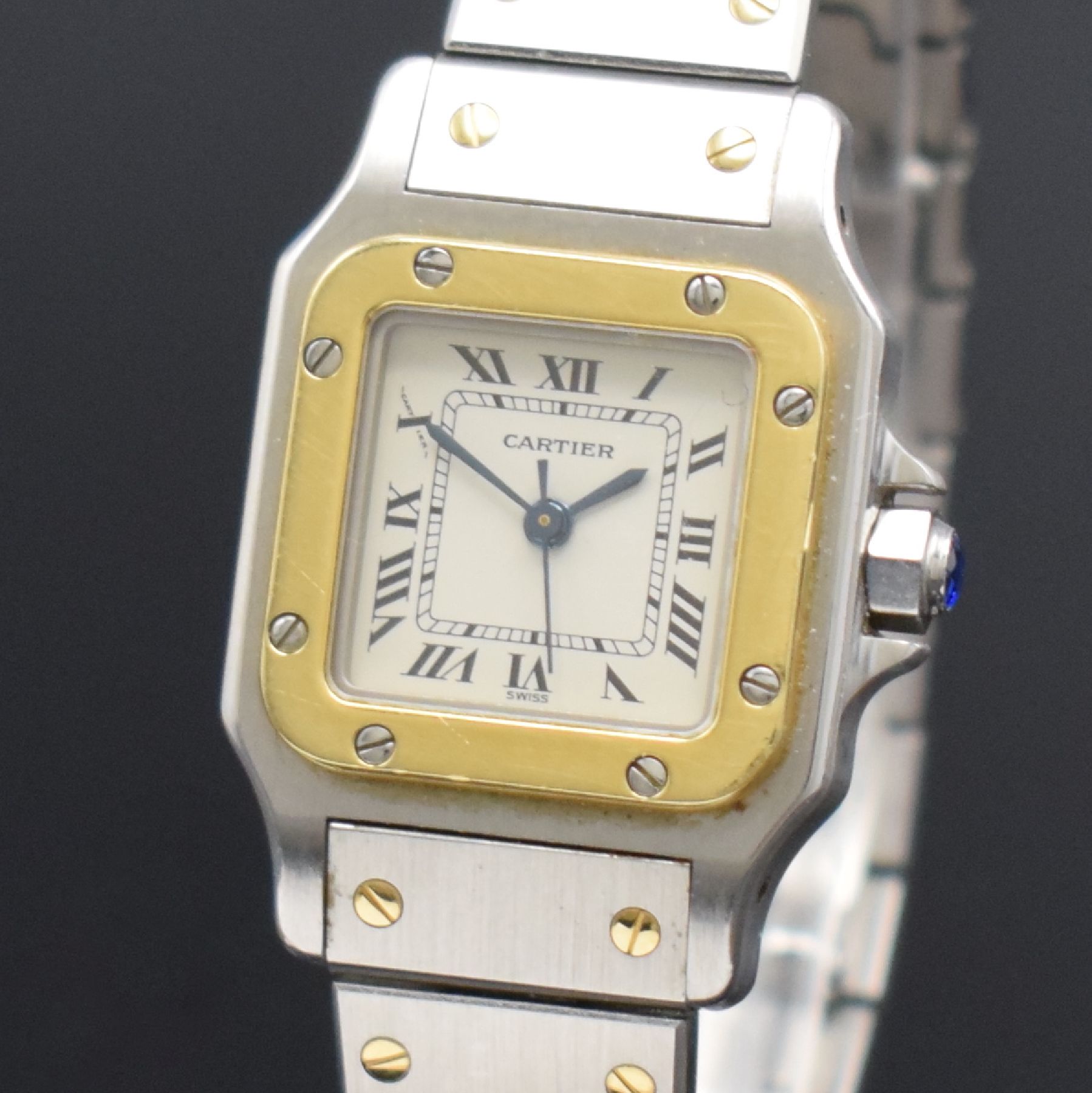 Detail c: CARTIER Santos Damenarmbanduhr in Stahl/Gold, Schweiz um 1990, Automatik, Ref. 1170902, Boden & Lünette 8-fach verschr., Gliederband m. dopp. ...