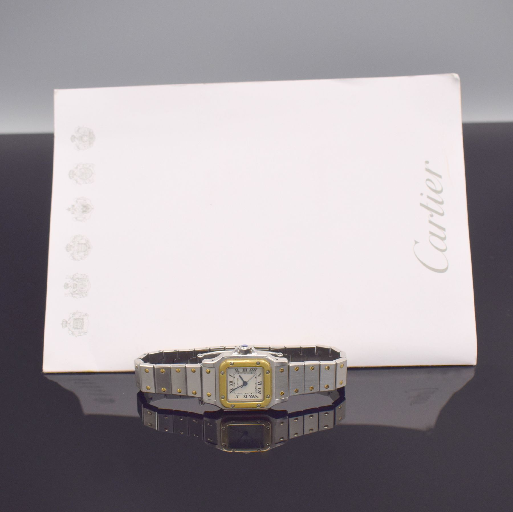 Detail g: CARTIER Santos Damenarmbanduhr in Stahl/Gold, Schweiz um 1990, Automatik, Ref. 1170902, Boden & Lünette 8-fach verschr., Gliederband m. dopp. ...