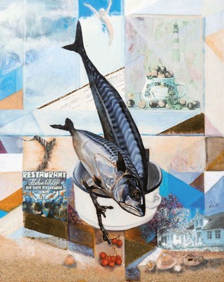 Image 26394275 - Alexander Titorenkov, born 1963 in Kotel/Bulgaria, trained at the National Art Academy in Sofia, further education at the Glasgow School of Art, here: #"Fish kitchen inSylt#", still life with fish, maritime collage, shell applications, collaged by Ernst-Georg Meierheinrich , signed, oil/wood panel,frame , 61x49 cm