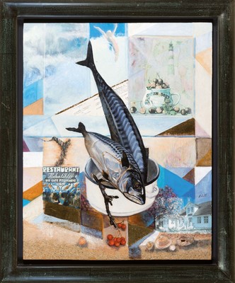 26394275k - Alexander Titorenkov, born 1963 in Kotel/Bulgaria, trained at the National Art Academy in Sofia, further education at the Glasgow School of Art, here: #"Fish kitchen inSylt#", still life with fish, maritime collage, shell applications, collaged by Ernst-Georg Meierheinrich , signed, oil/wood panel,frame , 61x49 cm