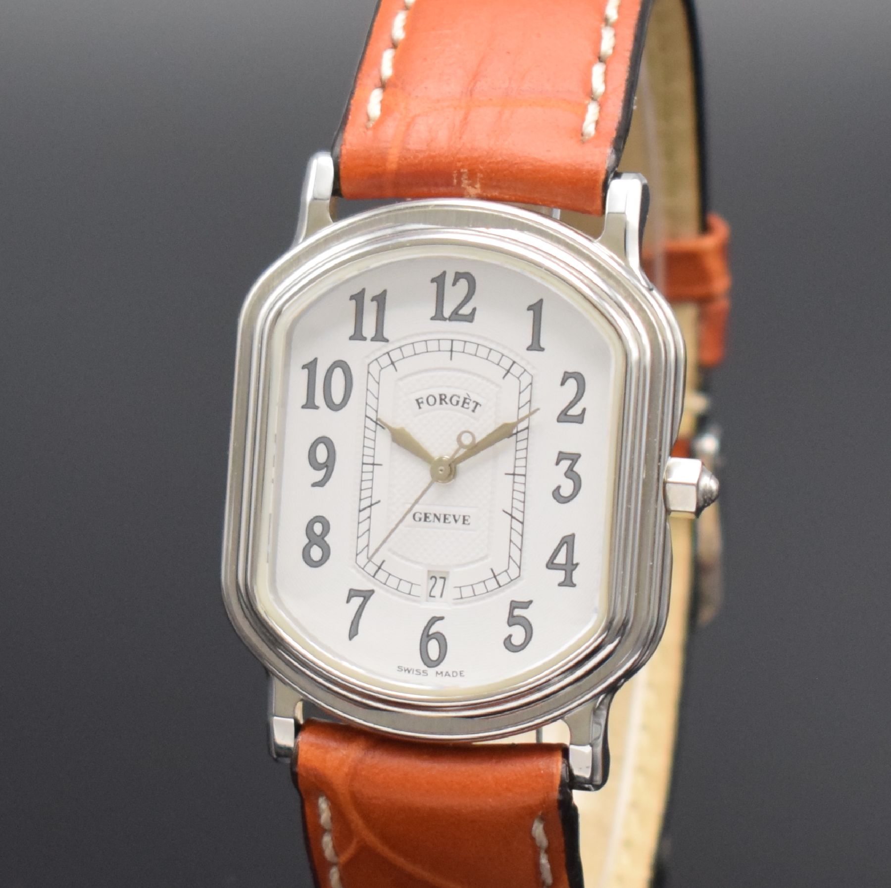 Detail c: FORGET ungetragene Armbanduhr in Edelstahl, Schweiz um 1990, Automatik, aufwendiges, rechteck. & beids. vergl. Geh., Boden 4-fach verschr., weißes, ...