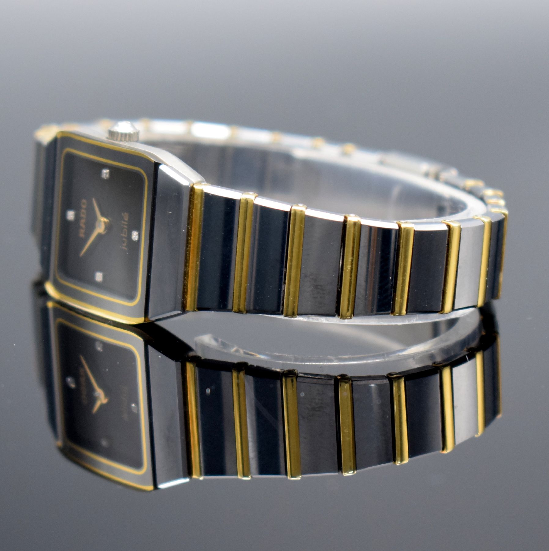 Detail c: RADO Jubilé Damenarmbanduhr mit 4 Diamantindizes, Schweiz um 1996, quarz, Ref. 204.0268.3, Stahlgeh. m. integr. Keramik/Gold-Band m. Faltschl., ...
