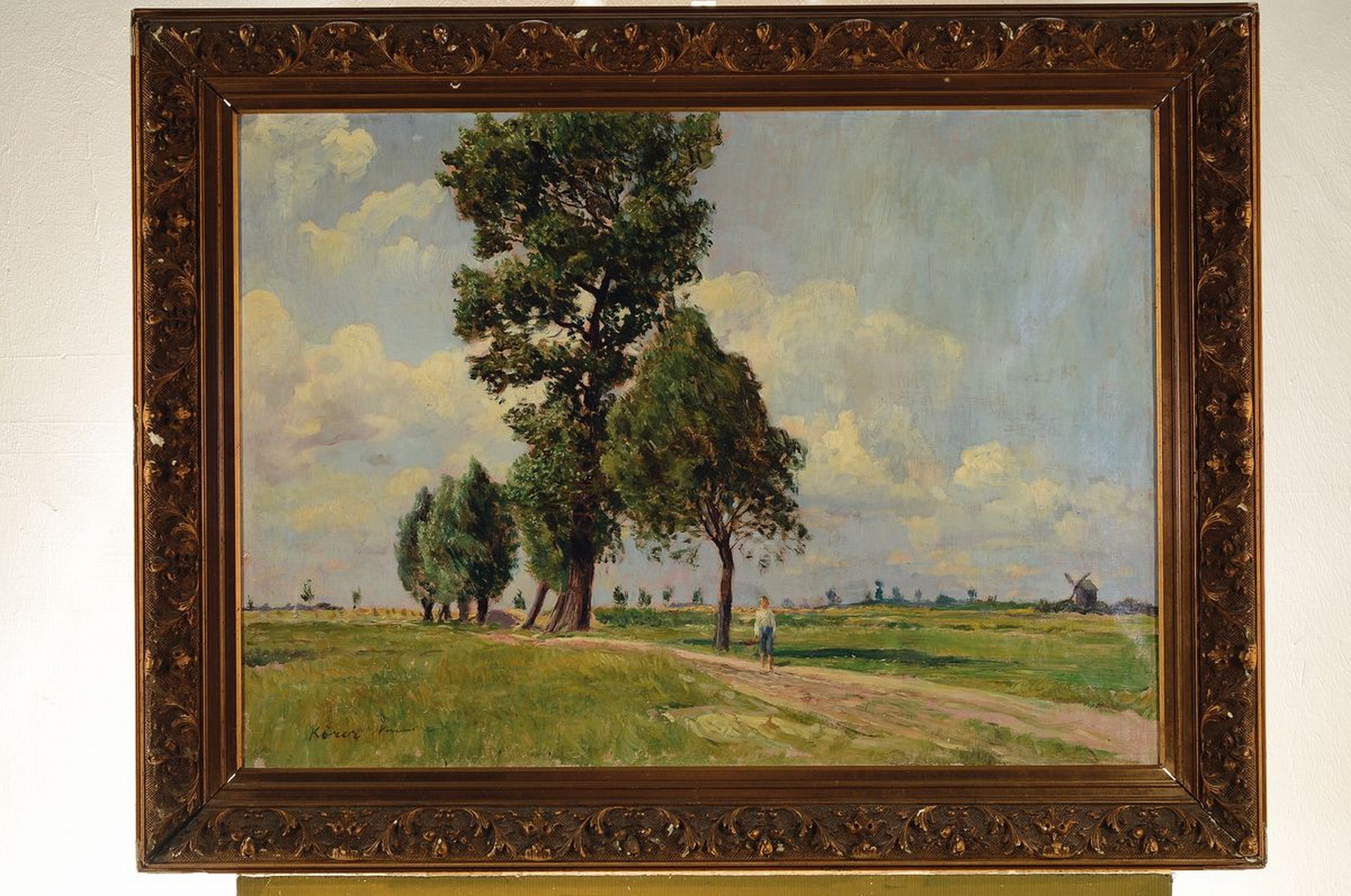 Detail k: Unbekannter Künstler, deutsch, 1. Hälfte 20. Jh., Weite Landschaft mit vereinzelten Bäumen, Windmühle und Person, Öl/Lwd, links unten ...