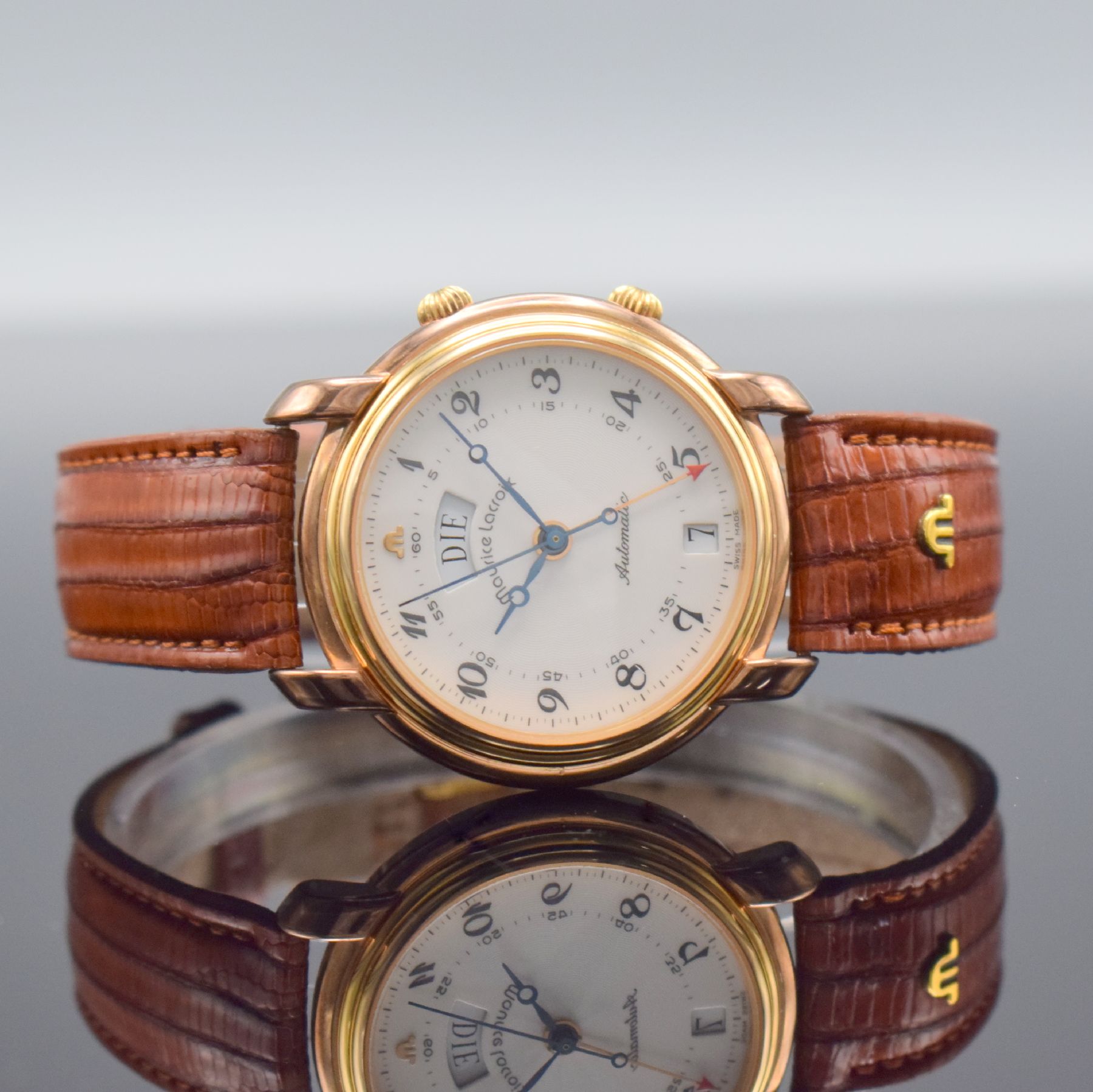 MAURICE LACROIX Herrenarmbanduhr mit Wecker,Schweiz um 1995, Automatik, verg., beids. vergl. Gehäuse inkl. orig. Lederband m. orig. Dornschl., ...