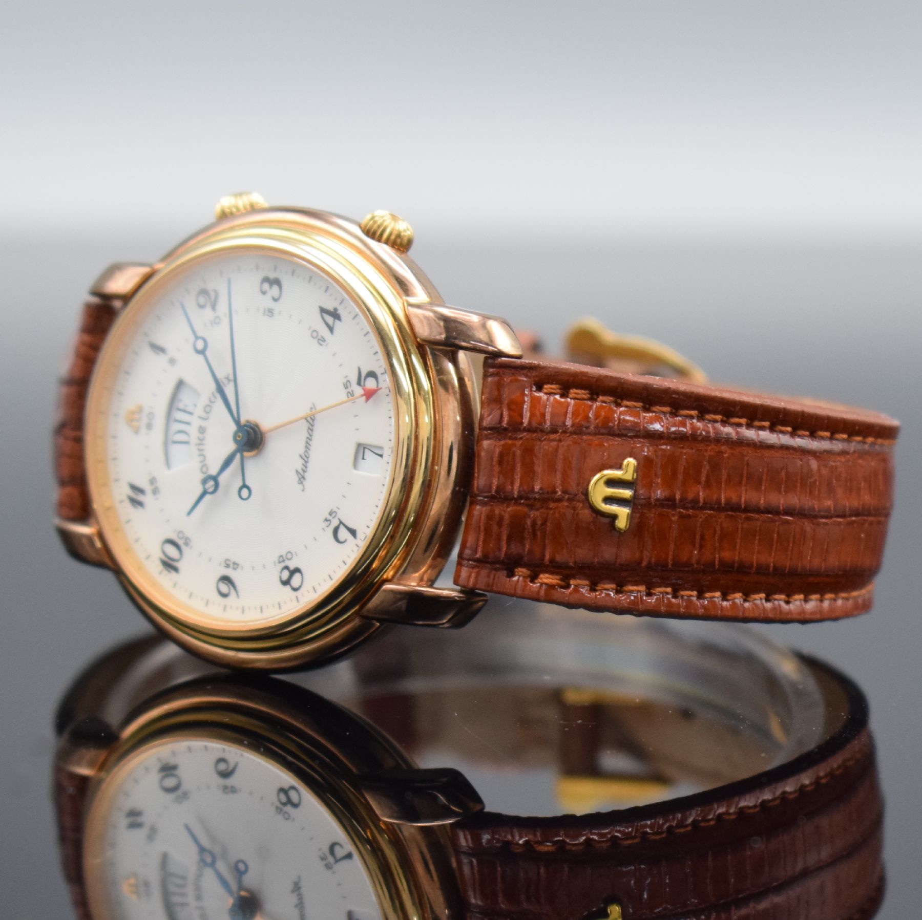 Detail b: MAURICE LACROIX Herrenarmbanduhr mit Wecker,Schweiz um 1995, Automatik, verg., beids. vergl. Gehäuse inkl. orig. Lederband m. orig. Dornschl., ...