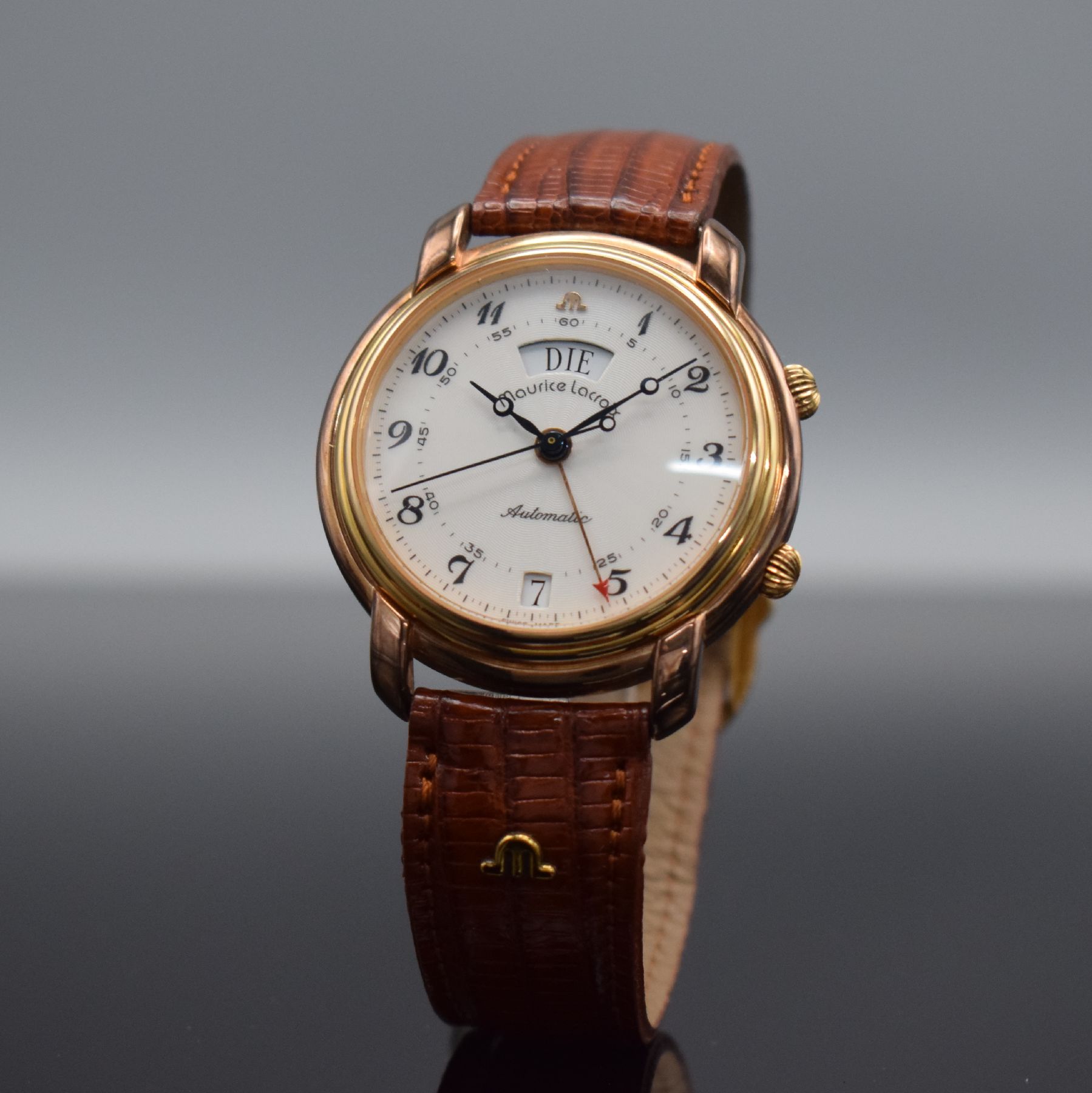 Detail c: MAURICE LACROIX Herrenarmbanduhr mit Wecker,Schweiz um 1995, Automatik, verg., beids. vergl. Gehäuse inkl. orig. Lederband m. orig. Dornschl., ...