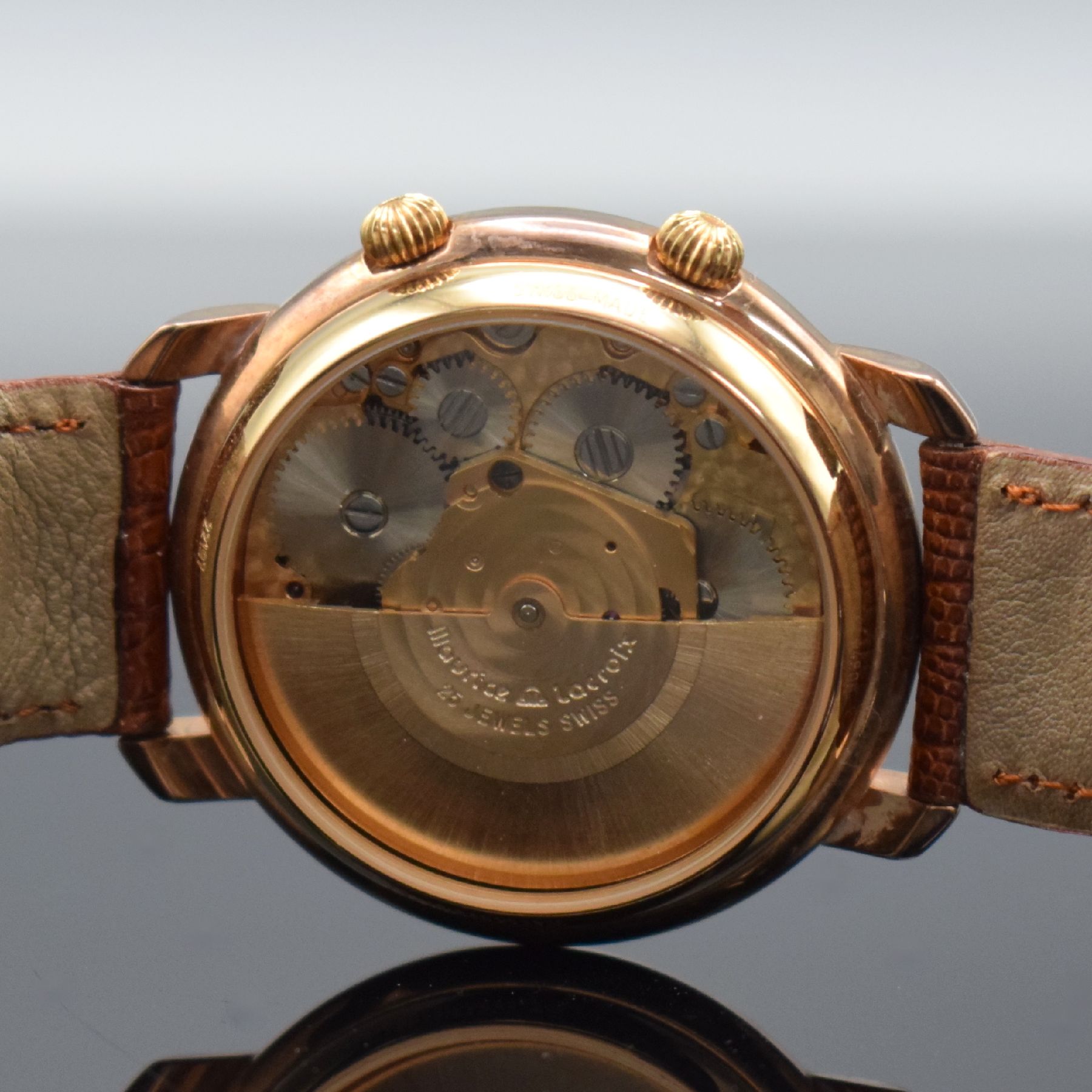 Detail f: MAURICE LACROIX Herrenarmbanduhr mit Wecker,Schweiz um 1995, Automatik, verg., beids. vergl. Gehäuse inkl. orig. Lederband m. orig. Dornschl., ...