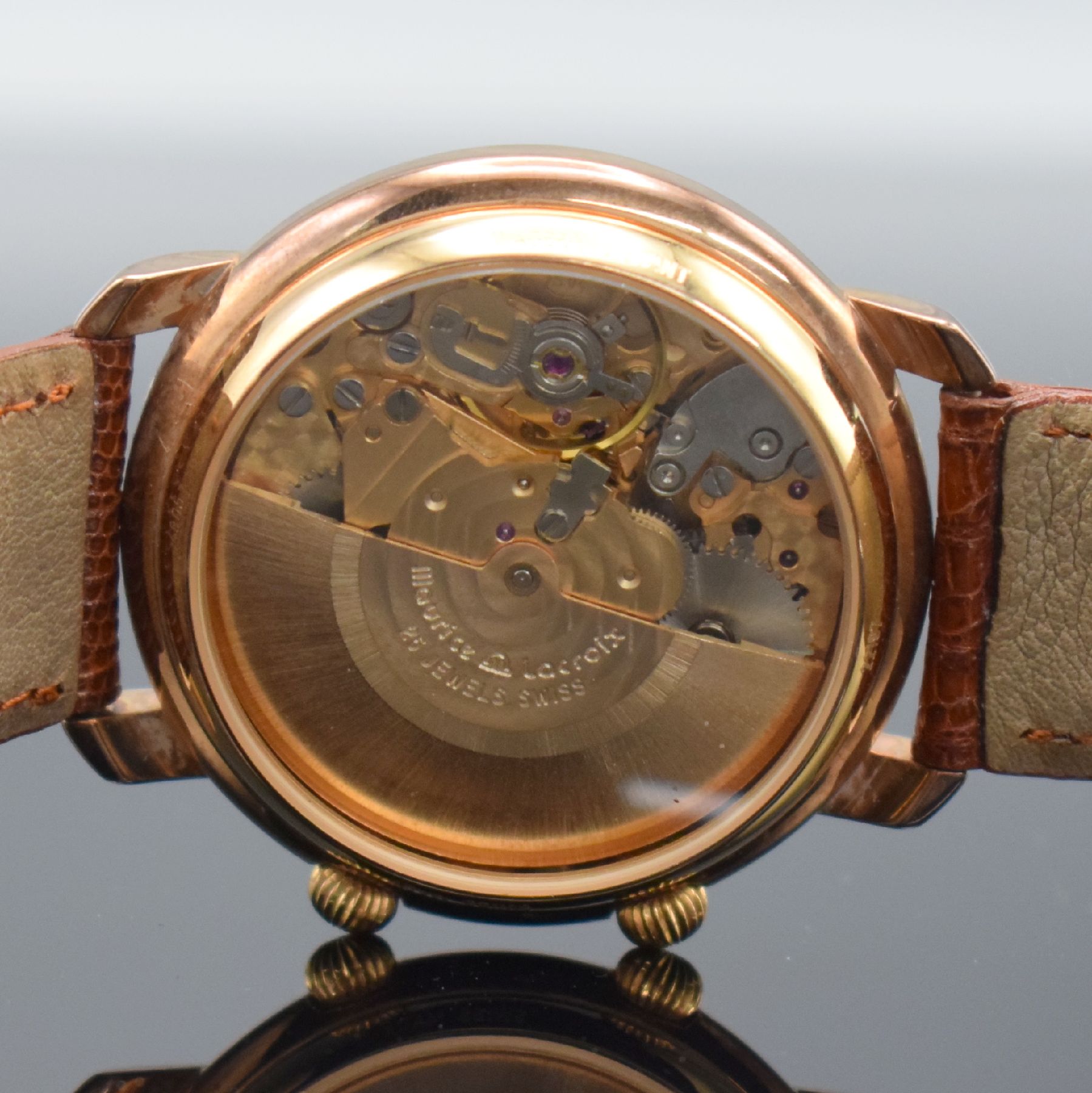 Detail g: MAURICE LACROIX Herrenarmbanduhr mit Wecker,Schweiz um 1995, Automatik, verg., beids. vergl. Gehäuse inkl. orig. Lederband m. orig. Dornschl., ...