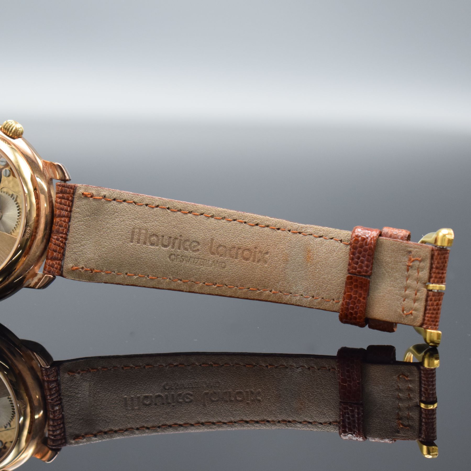 Detail h: MAURICE LACROIX Herrenarmbanduhr mit Wecker,Schweiz um 1995, Automatik, verg., beids. vergl. Gehäuse inkl. orig. Lederband m. orig. Dornschl., ...
