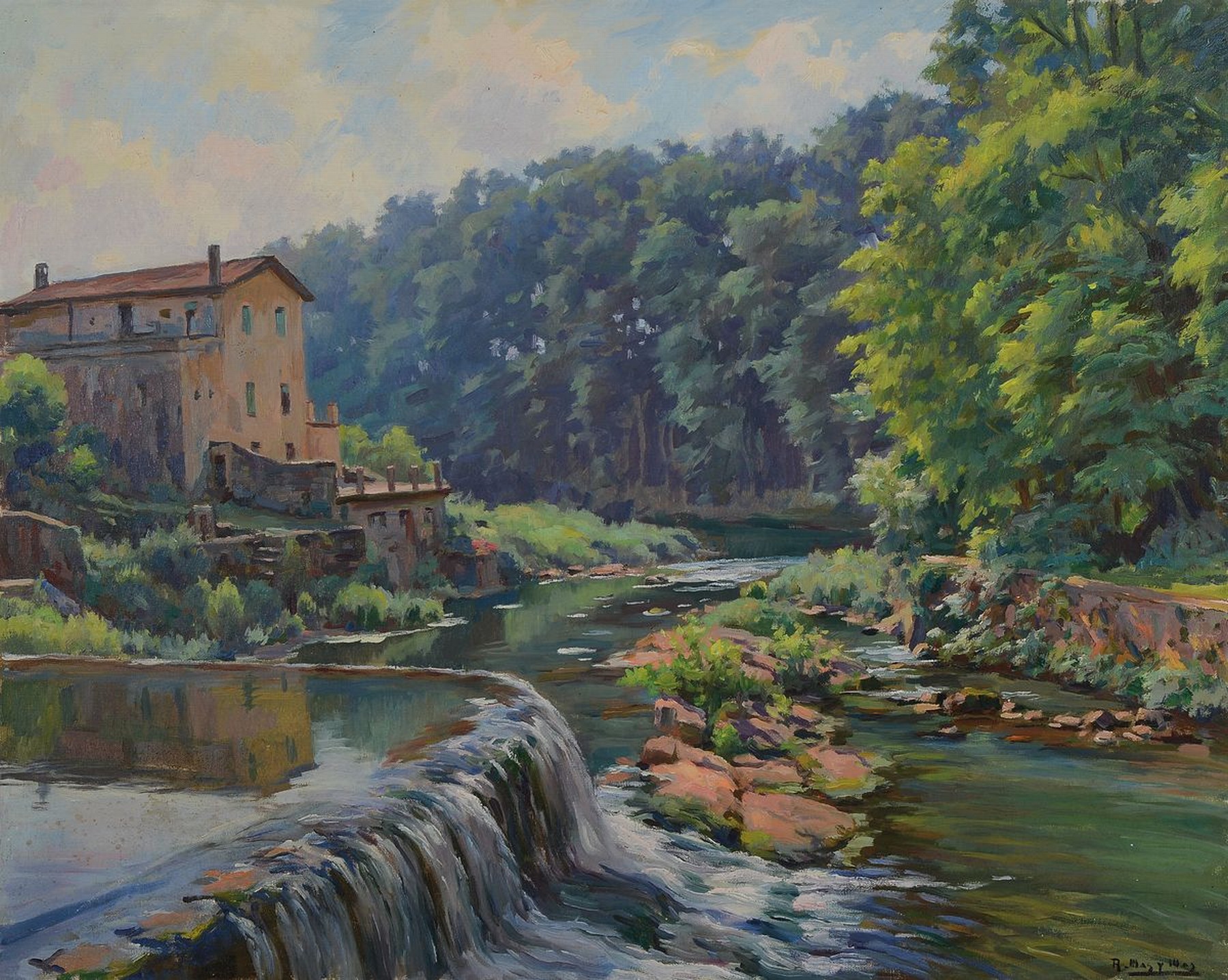 Ramon Mas I Mas, geb. 1921, Blick über eine Staustufe auf eine alte Mühle, impressive Auffassung, rechts unten unleserlich signiert, Öl/Lwd, ca. ...