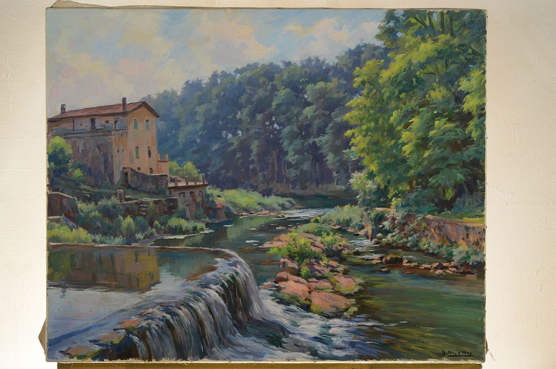 Detail k: Ramon Mas I Mas, geb. 1921, Blick über eine Staustufe auf eine alte Mühle, impressive Auffassung, rechts unten unleserlich signiert, Öl/Lwd, ca. ...