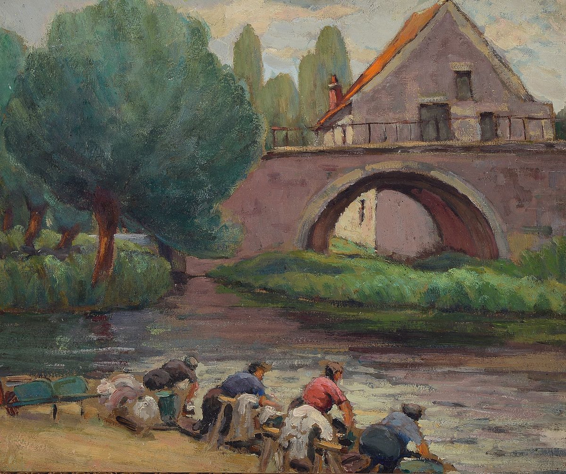 Zuschreibung: Felix Constant, 1865-1924, 2 Ölgemälde: Wäscherinnen am Flußufer, Öl/ Malkarton, unsigniert, ca. 38x46cm, R. ca. 47x56cm, ...