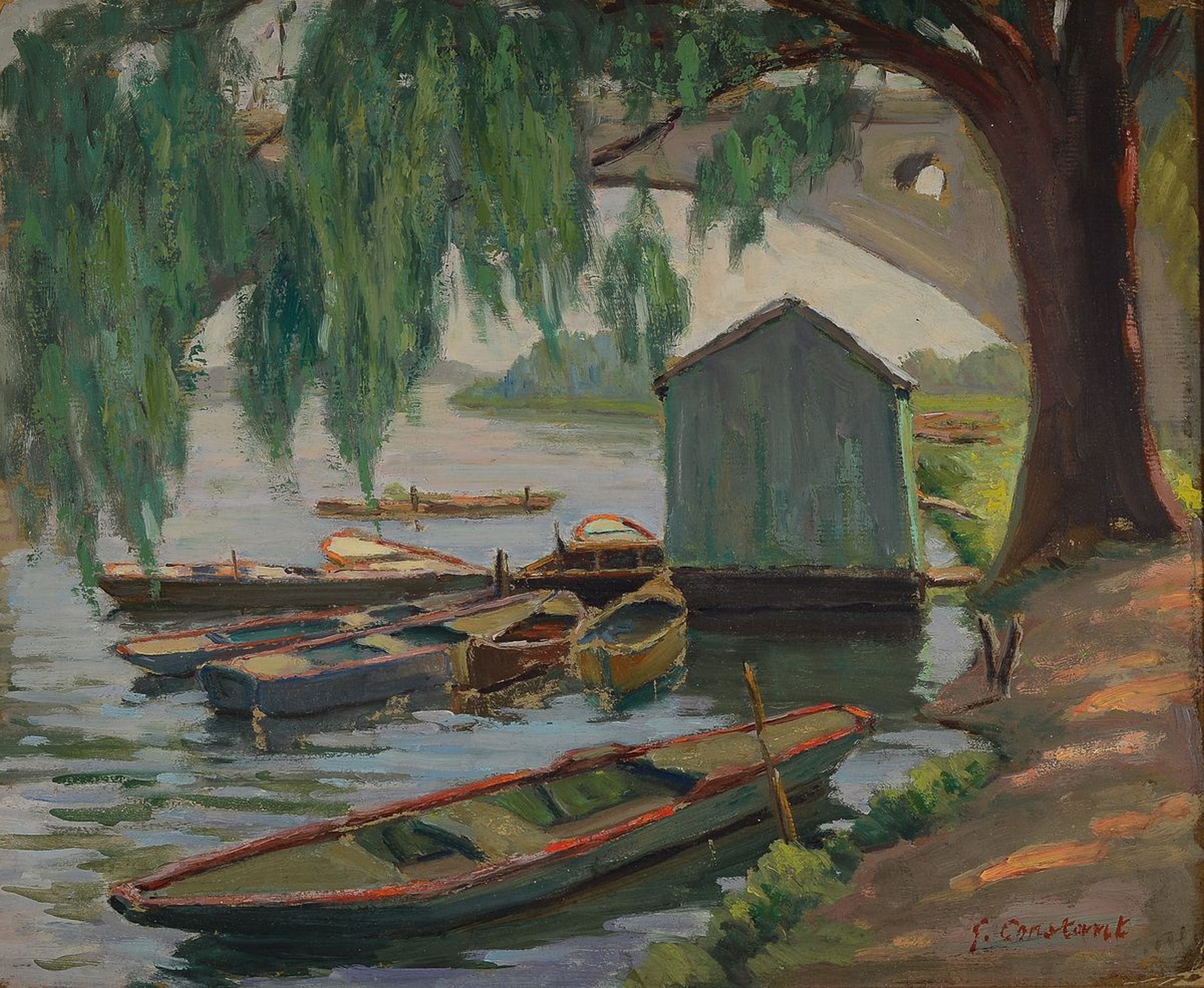 Detail a: Zuschreibung: Felix Constant, 1865-1924, 2 Ölgemälde: Wäscherinnen am Flußufer, Öl/ Malkarton, unsigniert, ca. 38x46cm, R. ca. 47x56cm, ...