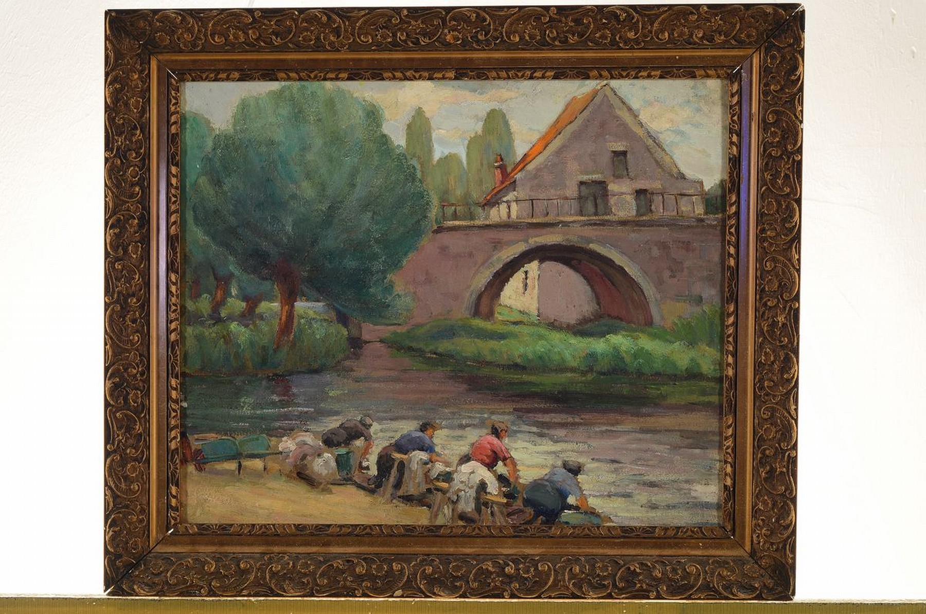 Detail k: Zuschreibung: Felix Constant, 1865-1924, 2 Ölgemälde: Wäscherinnen am Flußufer, Öl/ Malkarton, unsigniert, ca. 38x46cm, R. ca. 47x56cm, ...