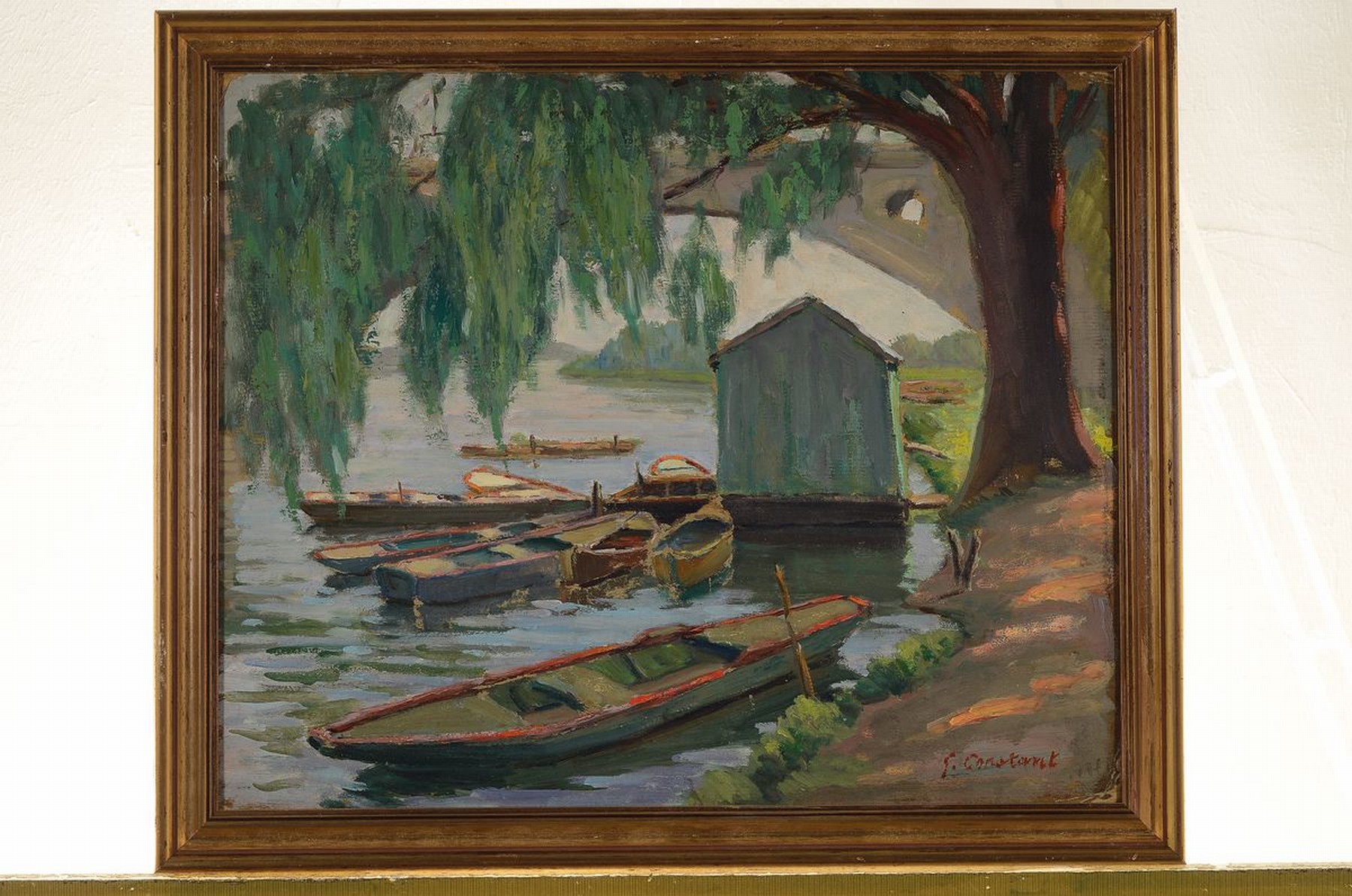 Detail l: Zuschreibung: Felix Constant, 1865-1924, 2 Ölgemälde: Wäscherinnen am Flußufer, Öl/ Malkarton, unsigniert, ca. 38x46cm, R. ca. 47x56cm, ...