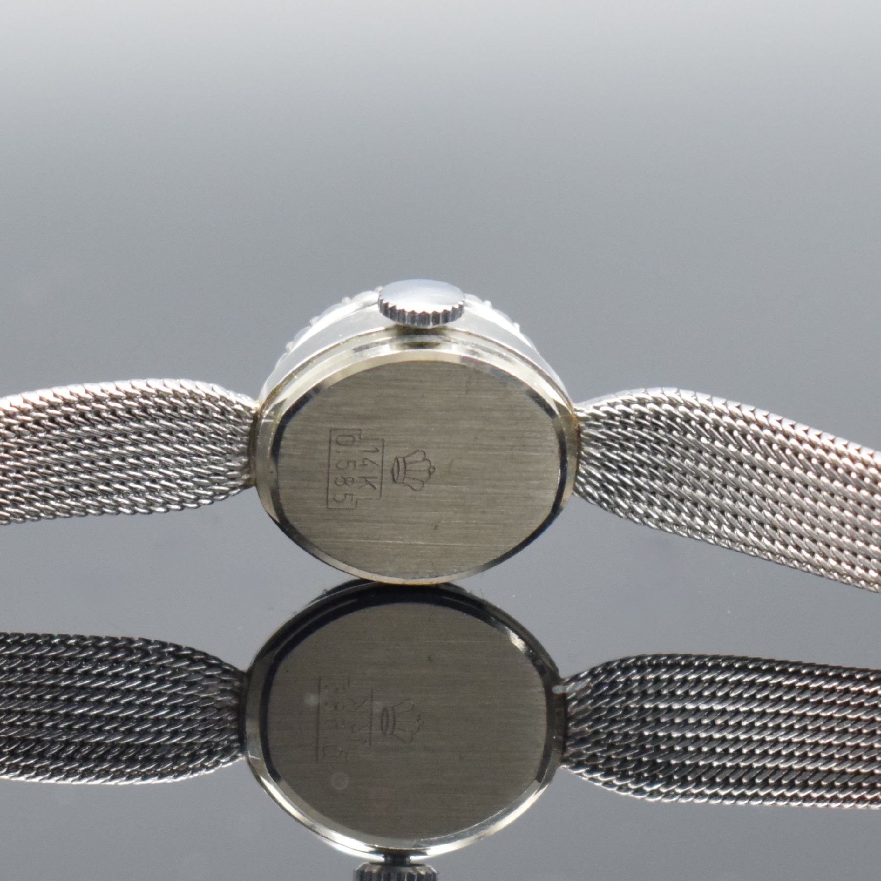 Detail d: KRÖNER Damenarmbanduhr in WG 585/000, um 1960, Handaufzug, 2-teil. Geh., Boden aufgedr., WG 585/000 Milanaiseband, Lünette mit Diamanten bes., ...