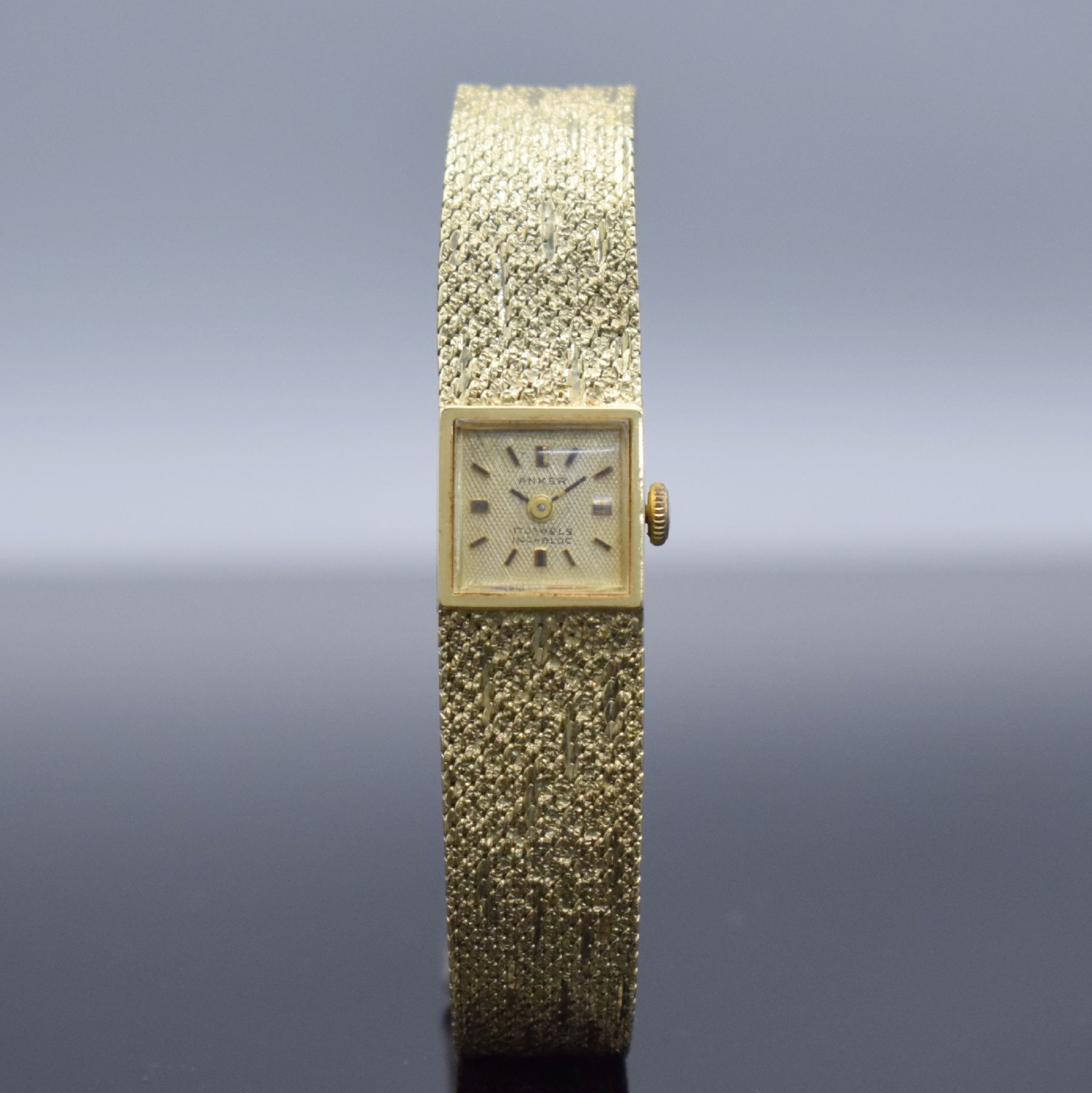 Detail b: ANKER Damenarmbanduhr in GG 585/000, Deutschland um 1960, Handaufzug, 2-teil. Geh., Boden aufgedr., gold. Zifferbl. m. aufges. Std.-Ind., GG 585/000 ...