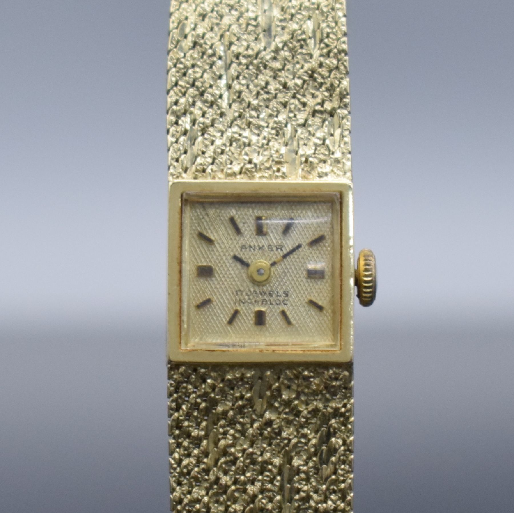 Detail c: ANKER Damenarmbanduhr in GG 585/000, Deutschland um 1960, Handaufzug, 2-teil. Geh., Boden aufgedr., gold. Zifferbl. m. aufges. Std.-Ind., GG 585/000 ...