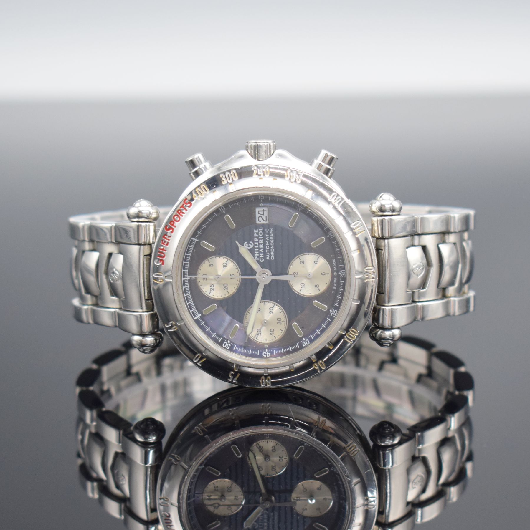 PHILIPPE CHARRIOL Super Sports Armbandchronograph Referenz 060.98 , Schweiz um 1997, Automatik, Edelstahlgeh. inkl. Gliederband m. dopp. Faltschl., ...