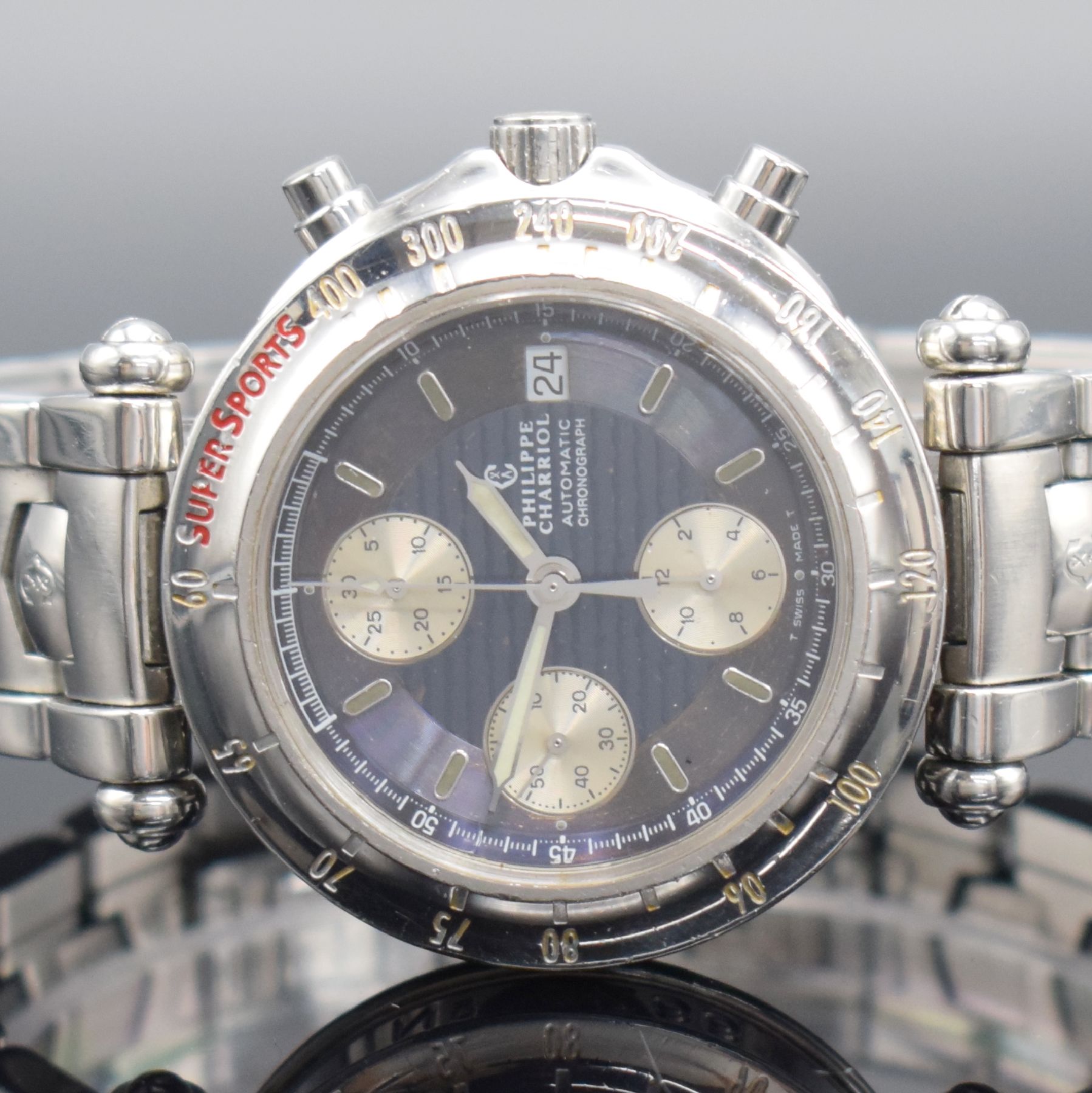Detail a: PHILIPPE CHARRIOL Super Sports Armbandchronograph Referenz 060.98 , Schweiz um 1997, Automatik, Edelstahlgeh. inkl. Gliederband m. dopp. Faltschl., ...