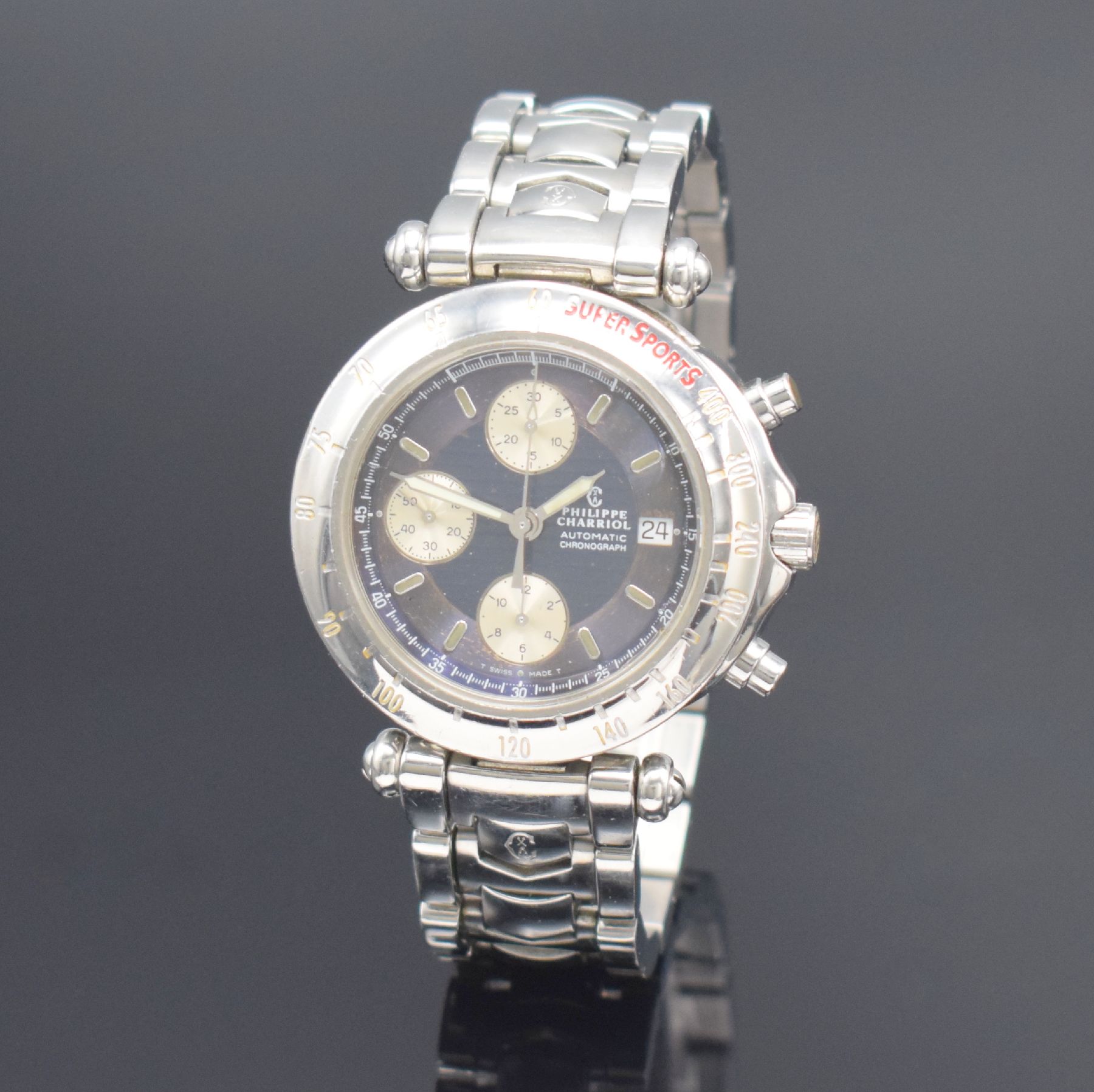 Detail b: PHILIPPE CHARRIOL Super Sports Armbandchronograph Referenz 060.98 , Schweiz um 1997, Automatik, Edelstahlgeh. inkl. Gliederband m. dopp. Faltschl., ...