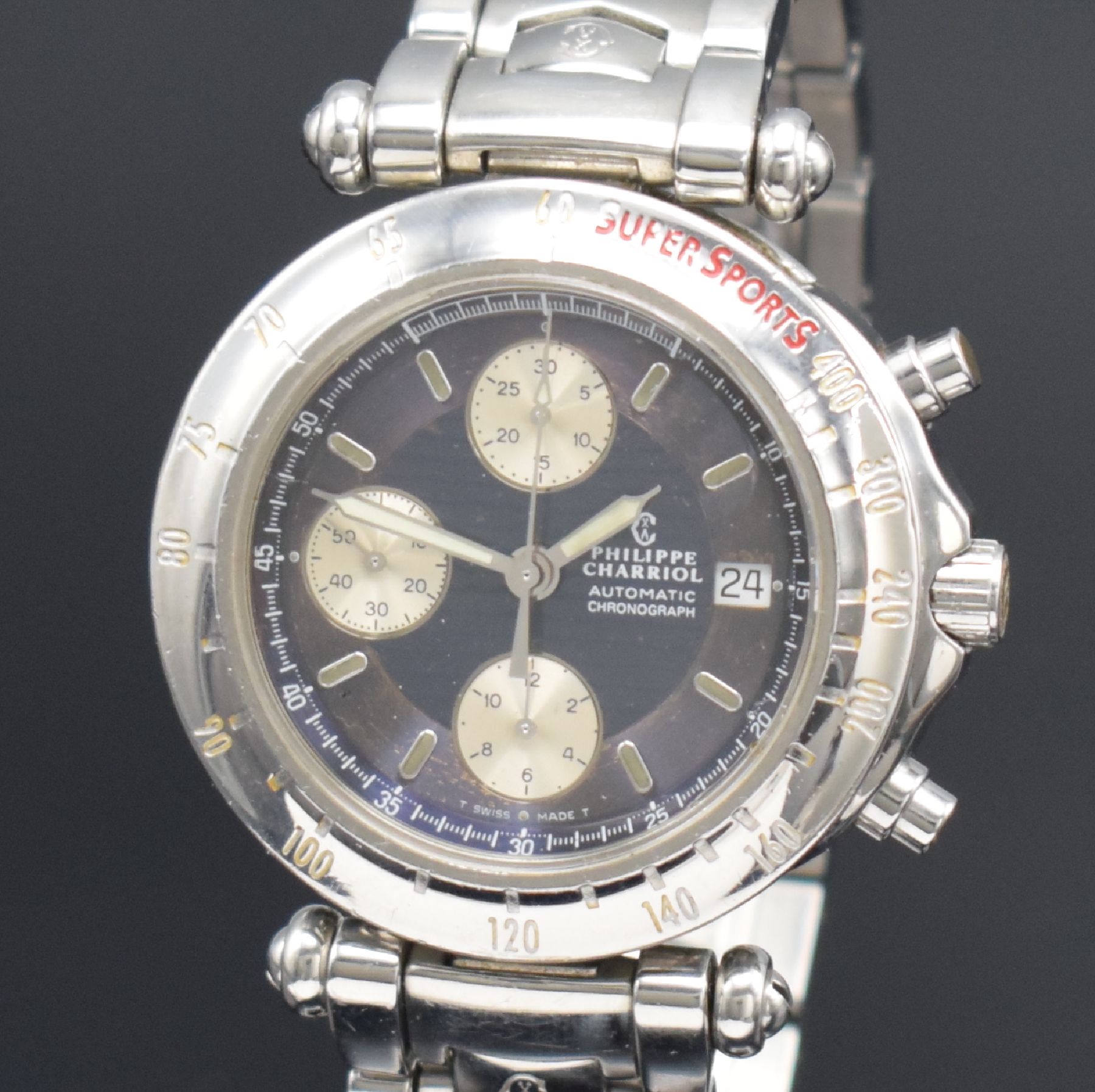 Detail c: PHILIPPE CHARRIOL Super Sports Armbandchronograph Referenz 060.98 , Schweiz um 1997, Automatik, Edelstahlgeh. inkl. Gliederband m. dopp. Faltschl., ...