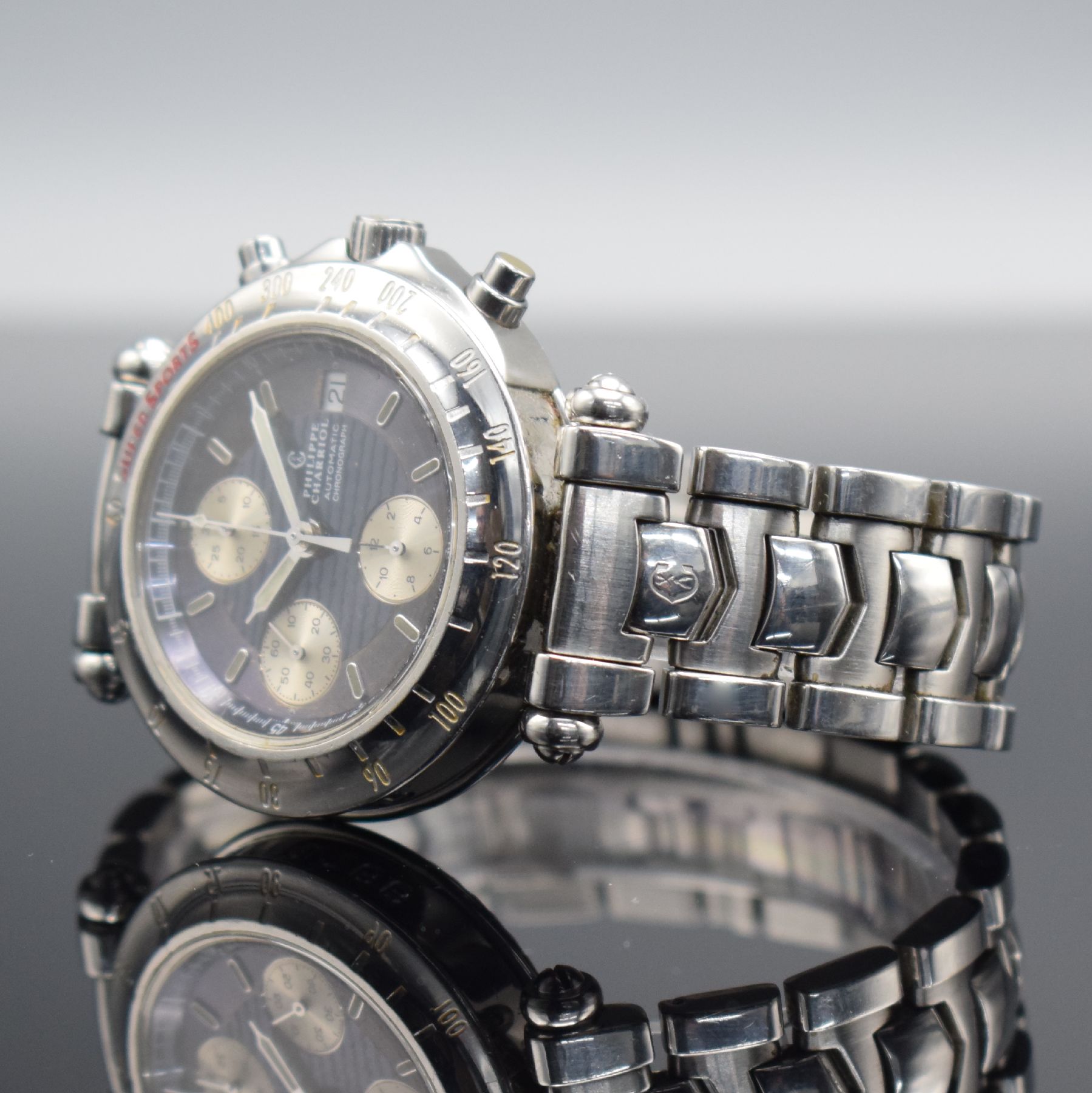 Detail d: PHILIPPE CHARRIOL Super Sports Armbandchronograph Referenz 060.98 , Schweiz um 1997, Automatik, Edelstahlgeh. inkl. Gliederband m. dopp. Faltschl., ...