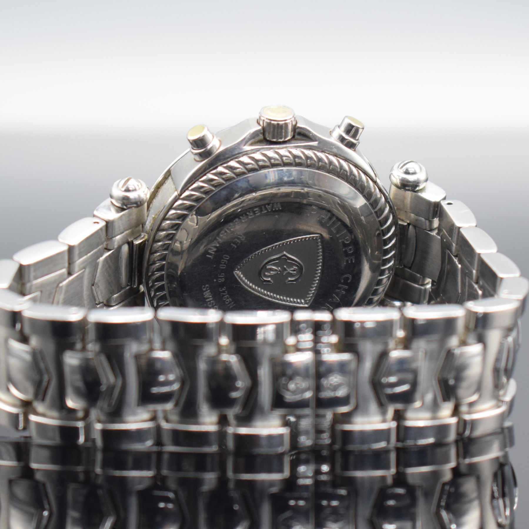 Detail e: PHILIPPE CHARRIOL Super Sports Armbandchronograph Referenz 060.98 , Schweiz um 1997, Automatik, Edelstahlgeh. inkl. Gliederband m. dopp. Faltschl., ...