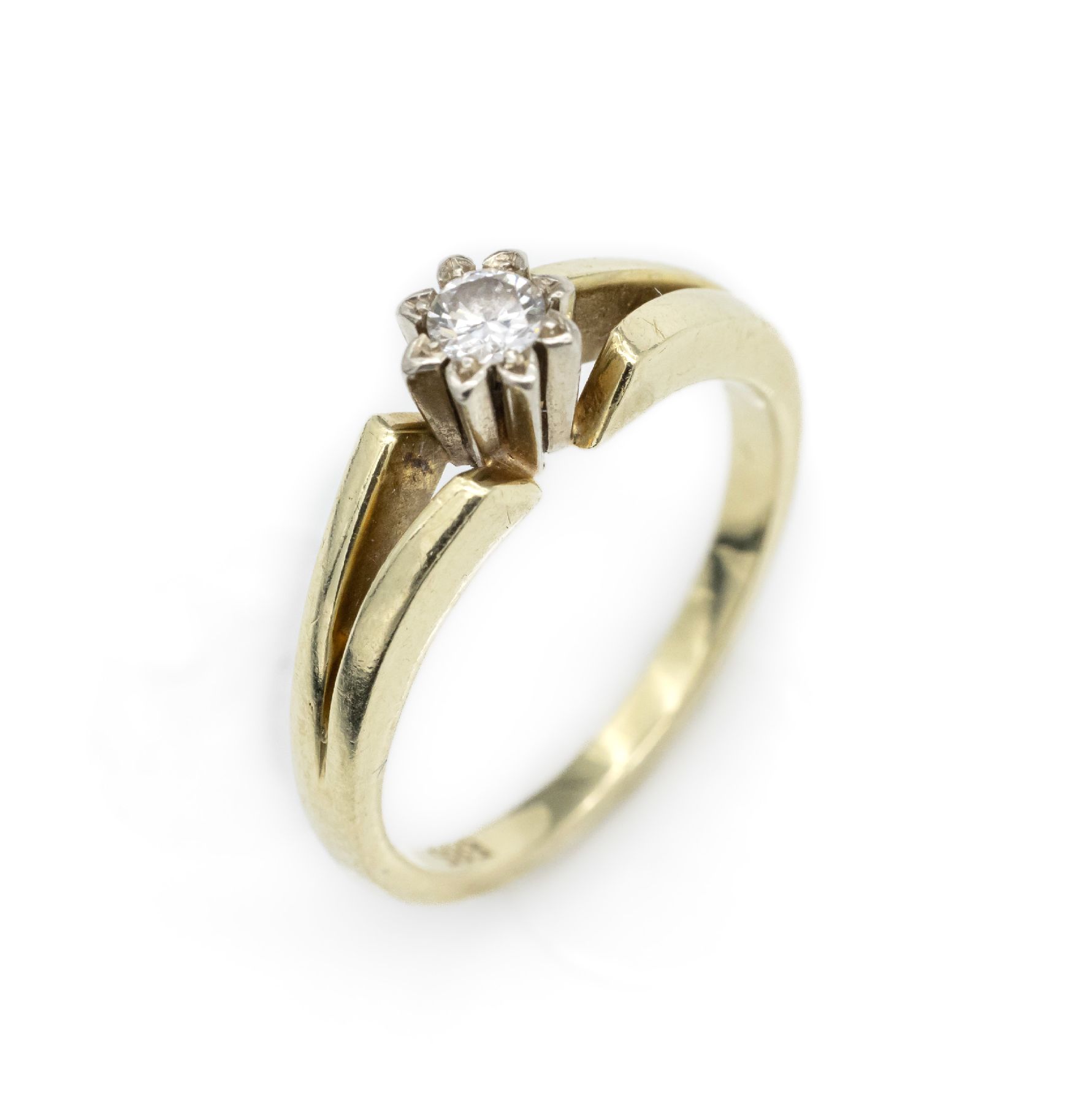 14 kt Gold Brillant-Ring, GG 585/000, Brillant ca. 0.15 ct Weiß/si, ca. 4.3 g, RW 54