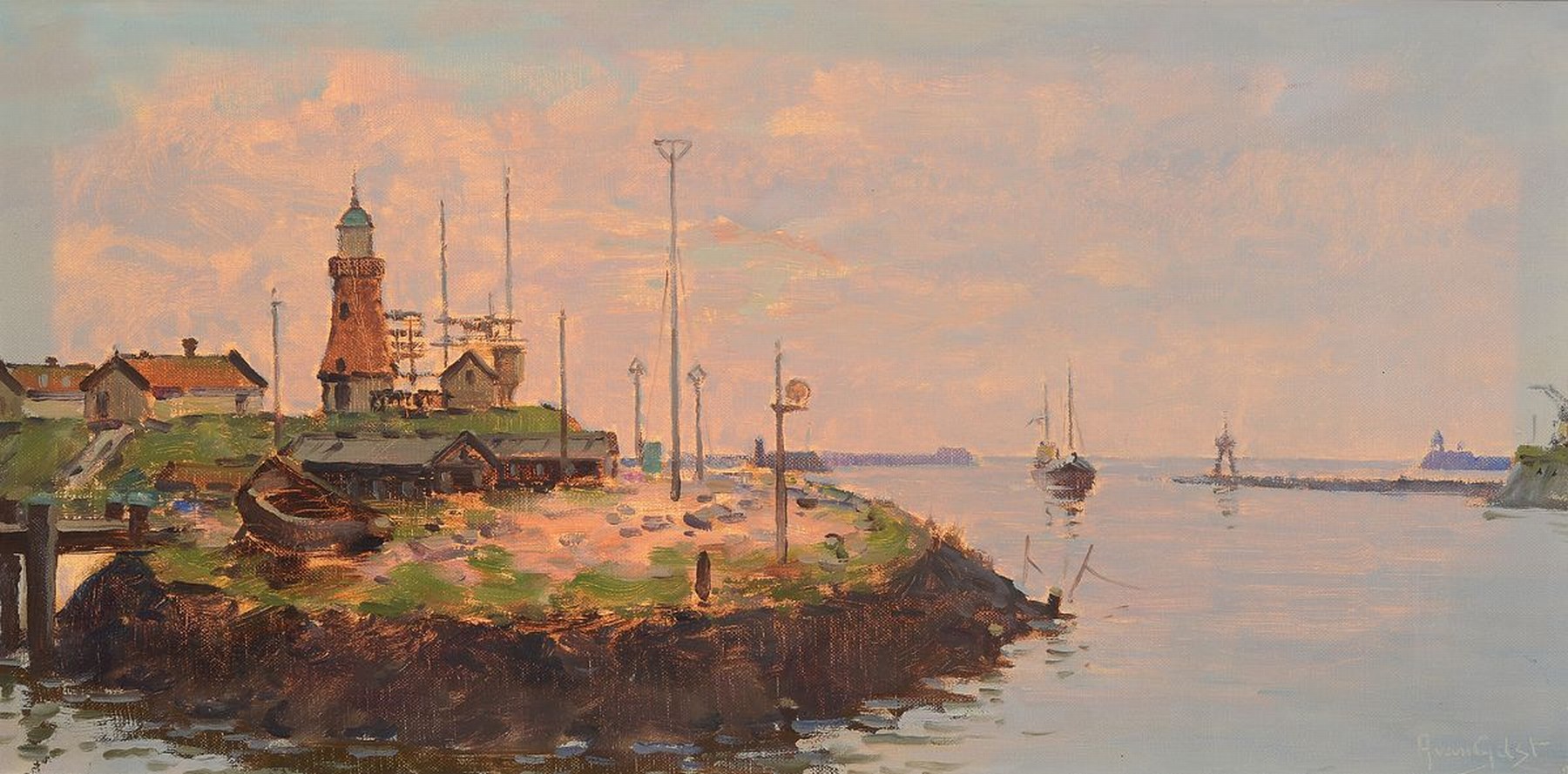 Arnout van Gilst, 1898-1982, Blick auf eine Hafeneinfahrt, Öl/Lwd, rechts unten signiert, ca. 30x60cm, R. ca. 36x66cm