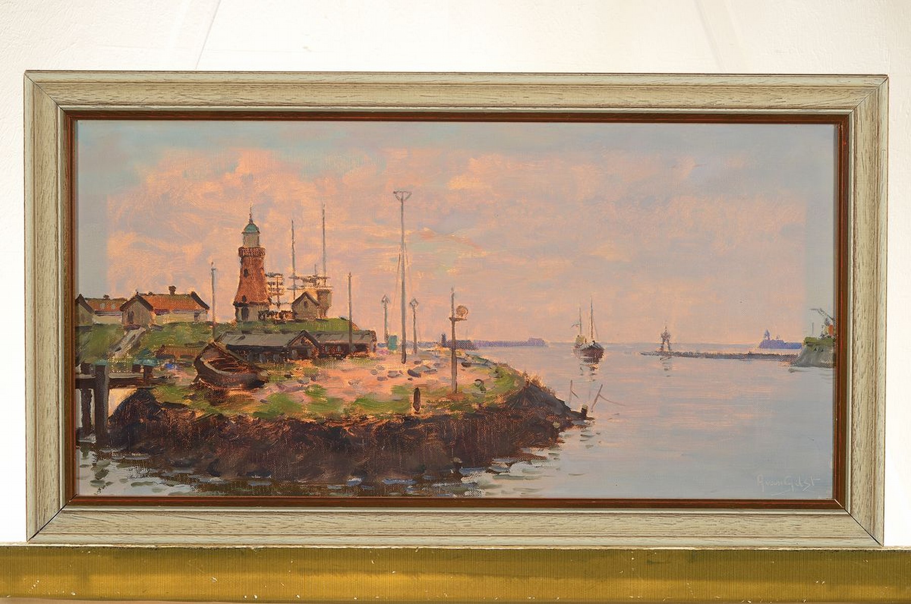 Detail k: Arnout van Gilst, 1898-1982, Blick auf eine Hafeneinfahrt, Öl/Lwd, rechts unten signiert, ca. 30x60cm, R. ca. 36x66cm