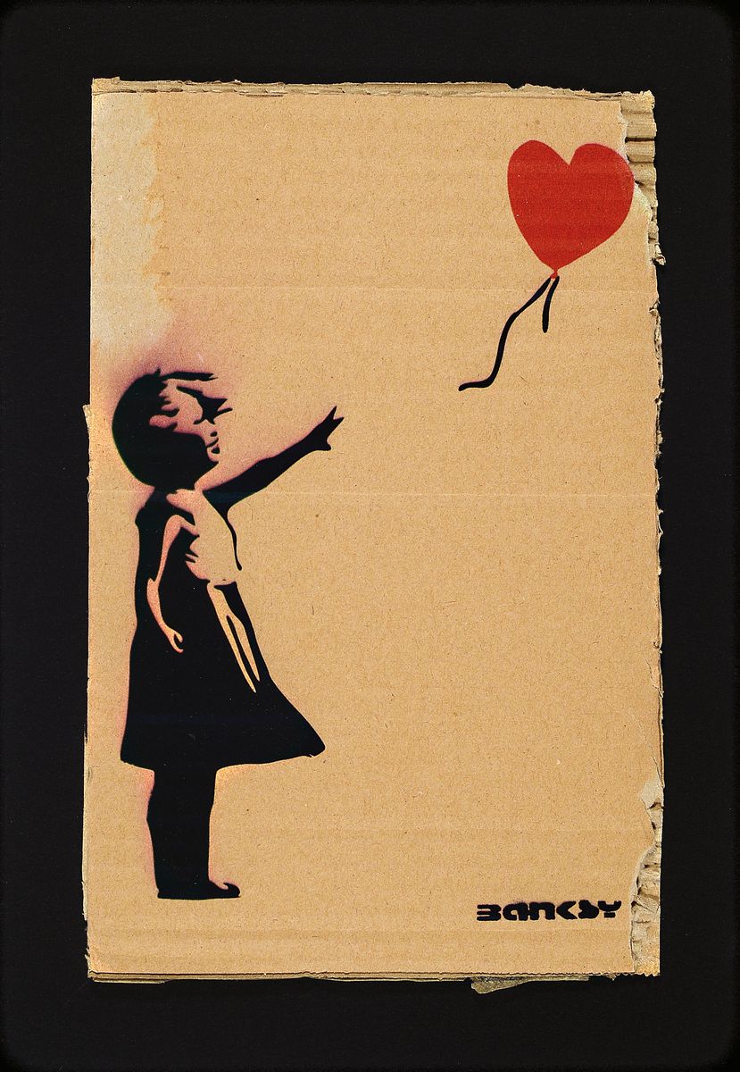 Nach Banksy, britischer Street Art-Künstler,"Girl with Balloon", Schablonen-Graffiti auf Kartonfragment, Signaturstempel, ca. 29x19 cm,auf ...