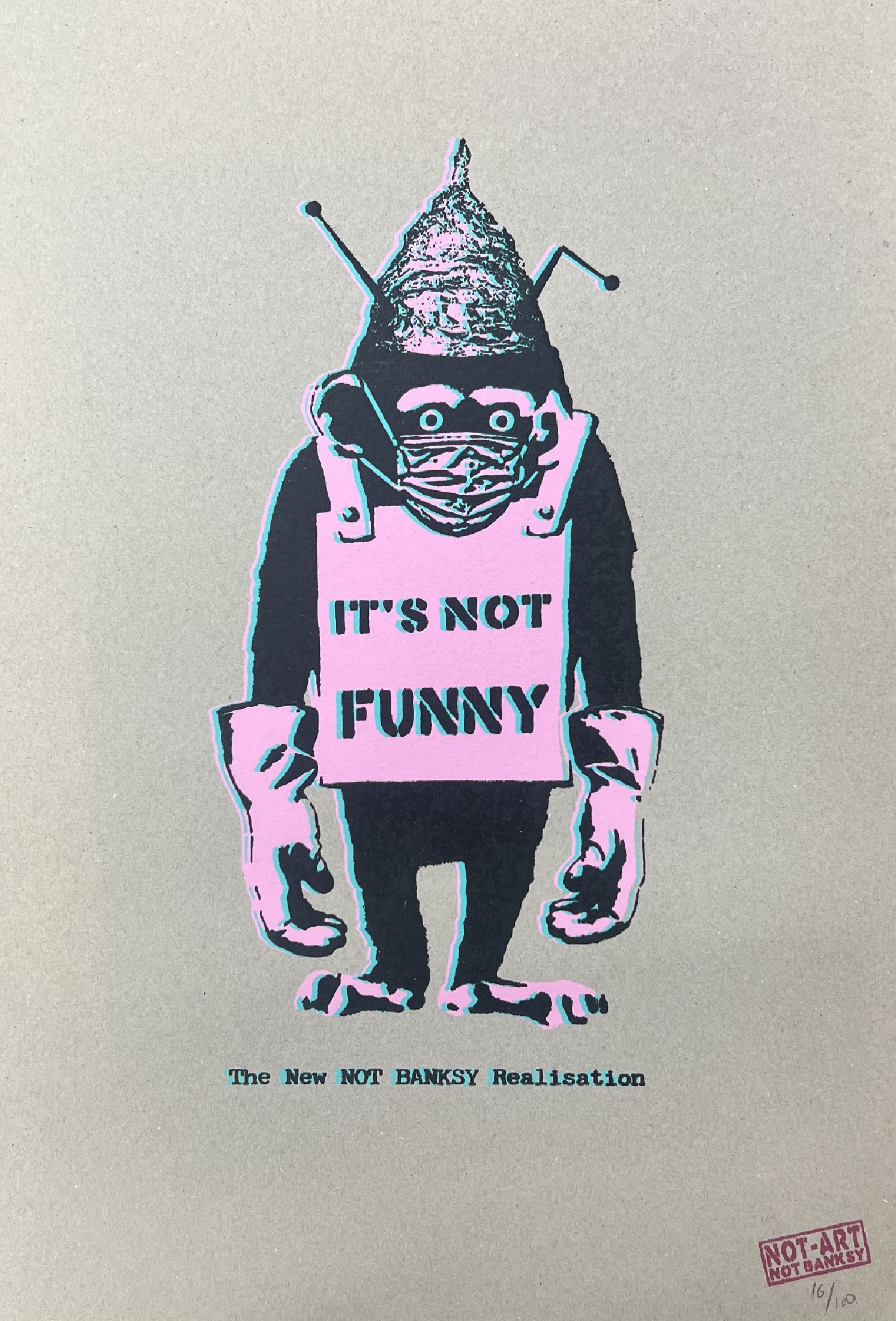 The NEW NOT BANKSY Realisation, "It's Not Funny" (2020), 5G Pandemie-Verschwörungs Schimpanse, Ed. 16/100, 3rd Edition, gestempelt, ...