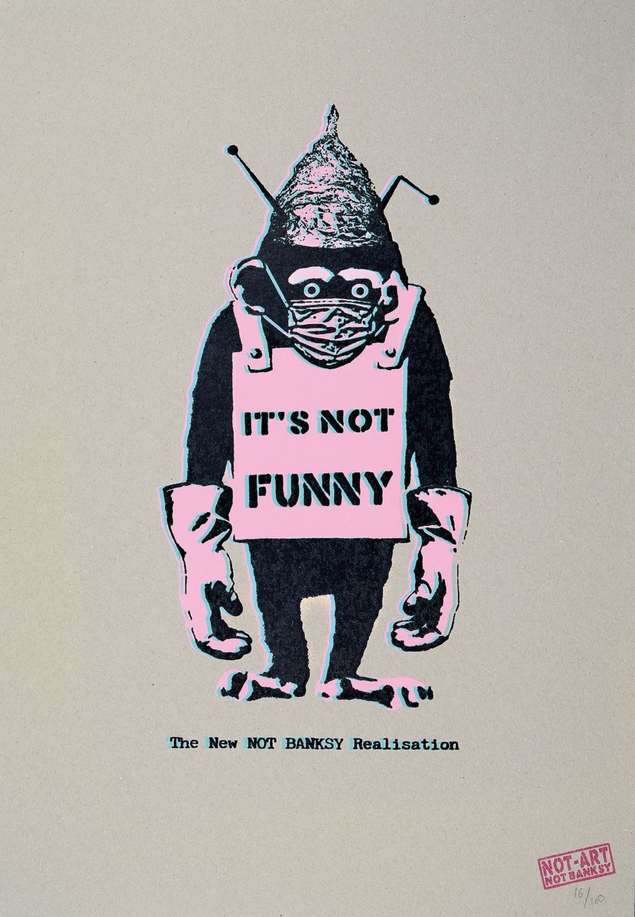 The NEW NOT BANKSY Realisation, "It's Not Funny" (2020), 5G Pandemie-Verschwörungs Schimpanse, Ed. 32/100, 3rd Edition, gestempelt, ...