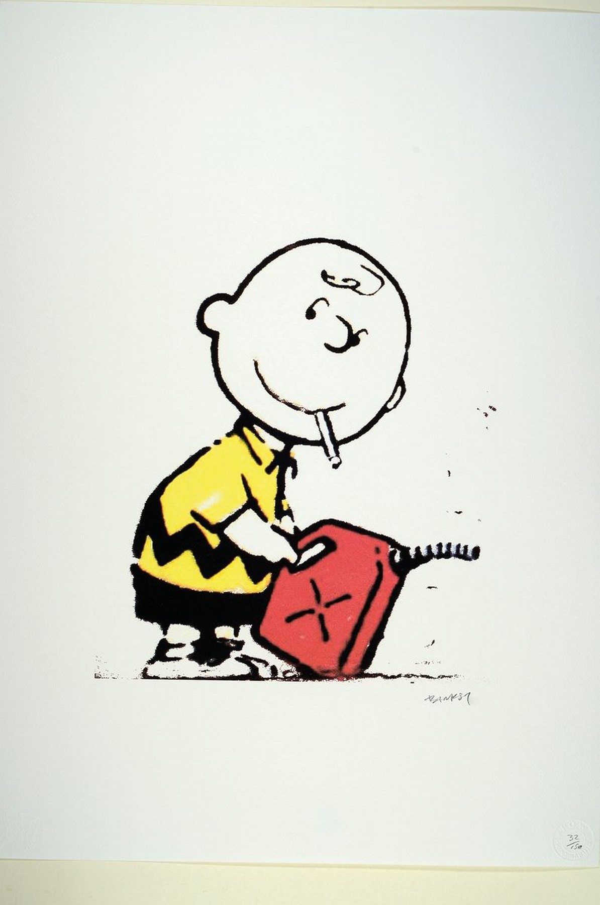 Detail k: Nach Banksy, britischer Street Art-Künstler,Charlie Brown mit Benzinkanister u. Zigarette (2020), Farboffset, Ed. 32/150, Edition Grafikart UK, ...