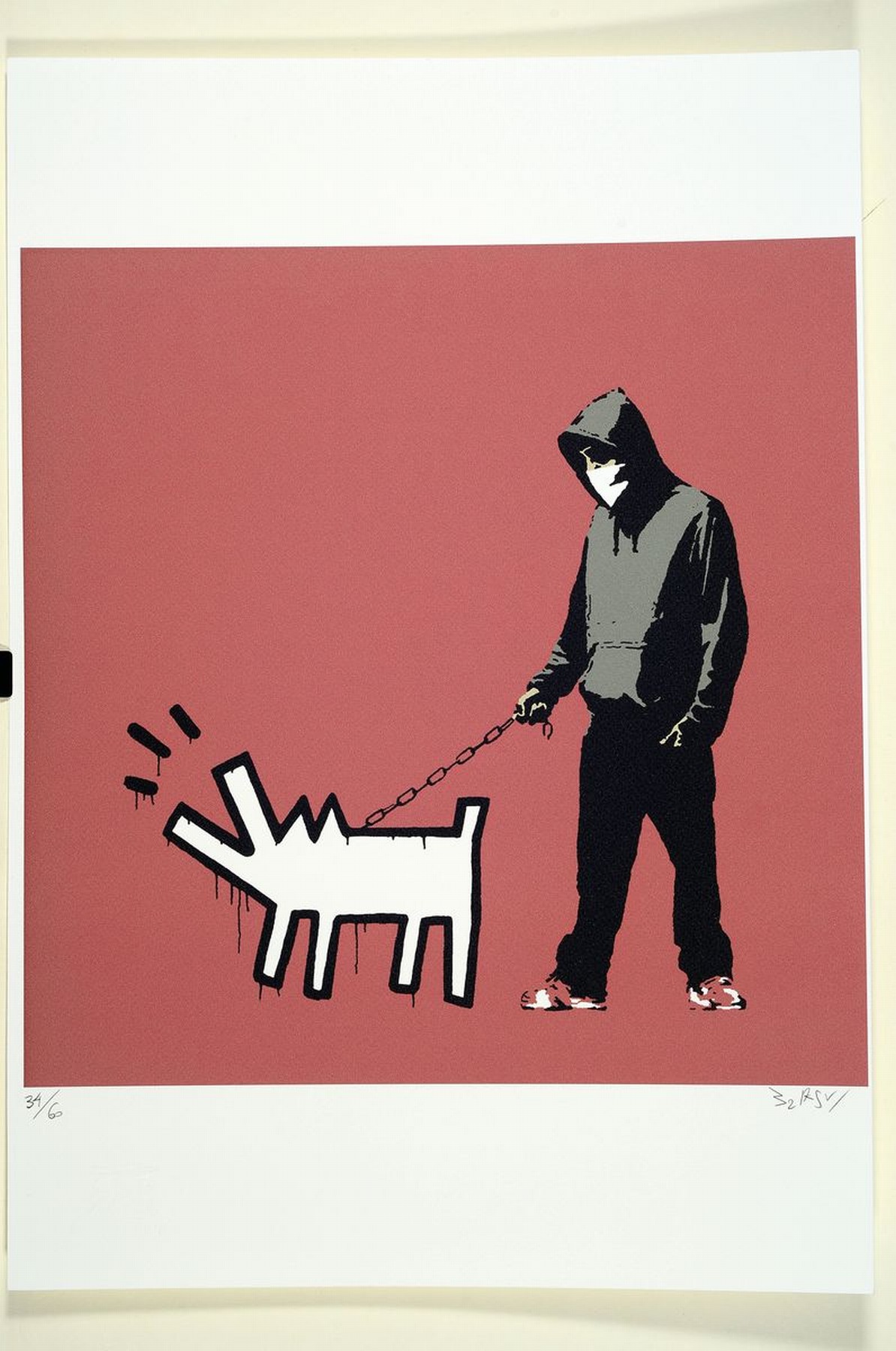 Detail k: Nach Banksy, im Stil des britischer Street Art-Künstler, Hooligan mit bellendem Keith Haring-Hund, Farboffset, Ed. 34/66, handsigniert, Heavy ...