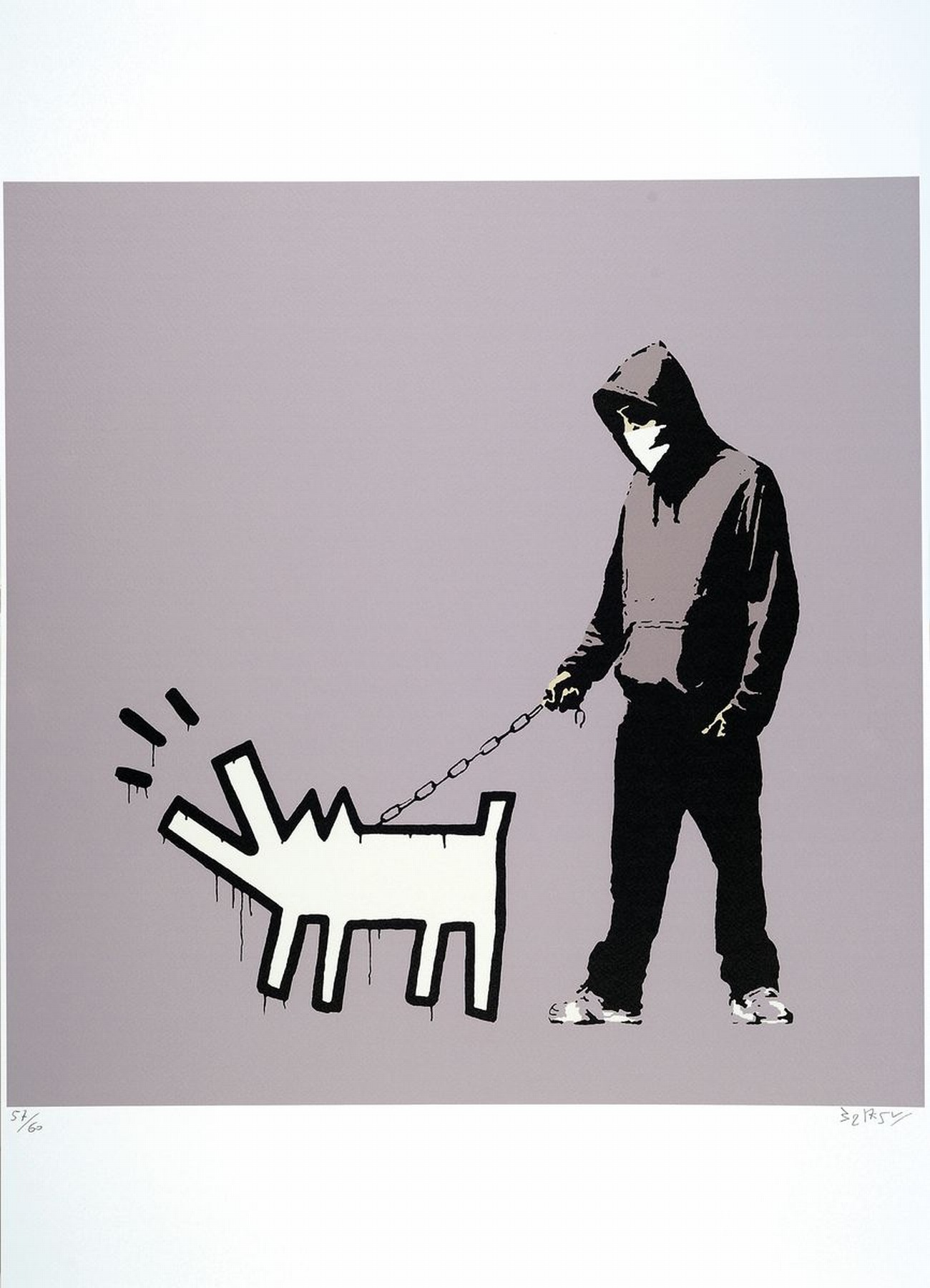 Nach Banksy, britischer Street Art-Künstler,Hooligan mit bellendem Keith Haring-Hund, Farboffset, Ed. 57/66, handsigniert, Heavy Weaponry-Stempel, ...