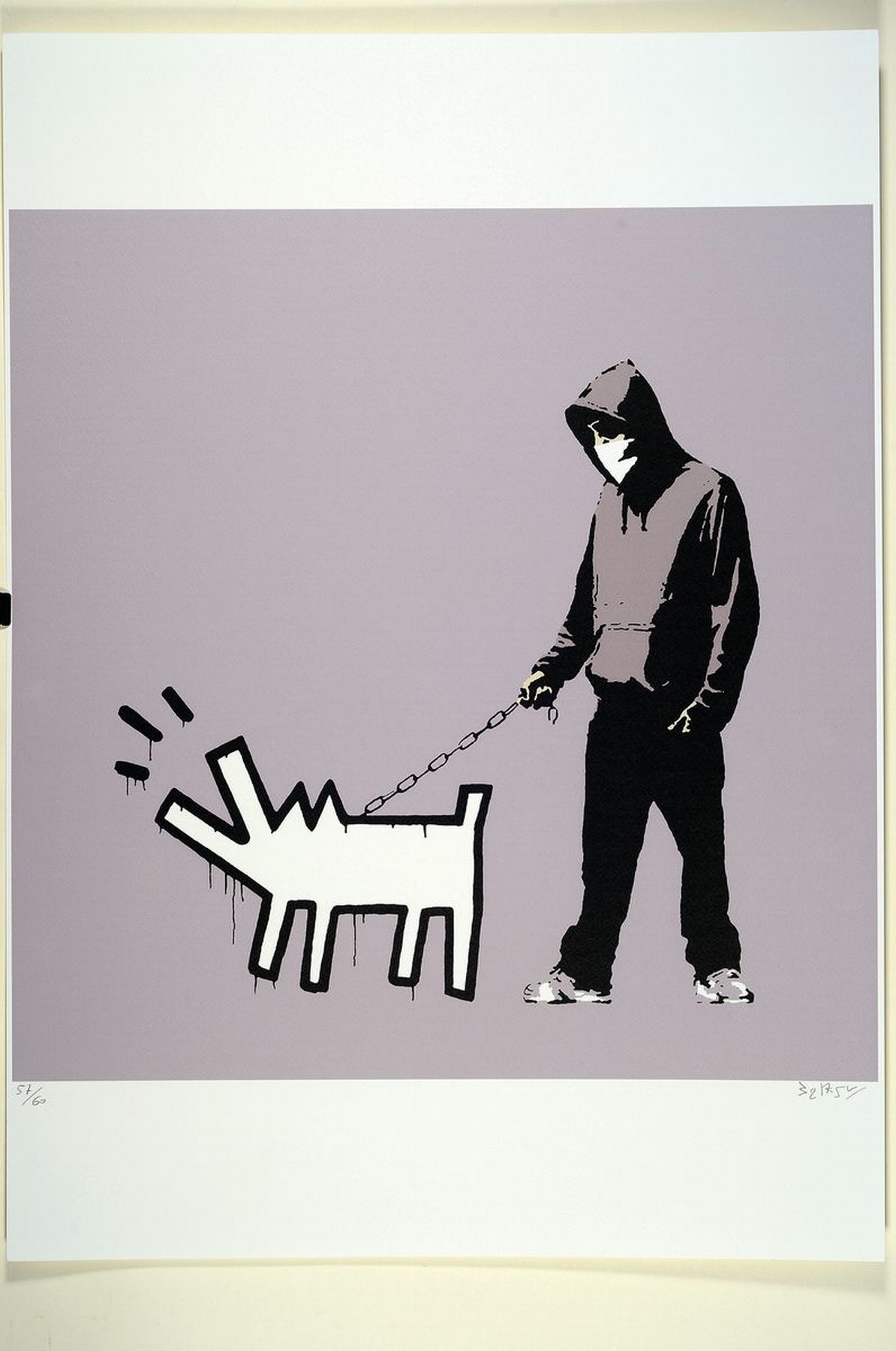 Detail k: Nach Banksy, britischer Street Art-Künstler,Hooligan mit bellendem Keith Haring-Hund, Farboffset, Ed. 57/66, handsigniert, Heavy Weaponry-Stempel, ...