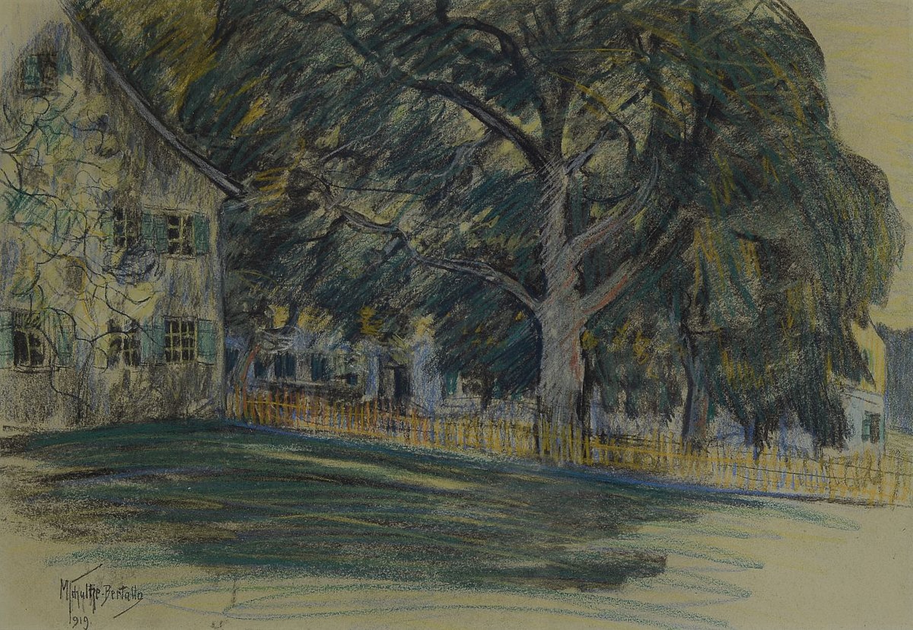 Detail a: Maximilian Schultze-Bertallo, geb. 1866 Berlin, zwei Buntstiftzeichnungen, 1x Haus hinter Bäumen, links unten signiert, dat. 1919 und bez: für ...
