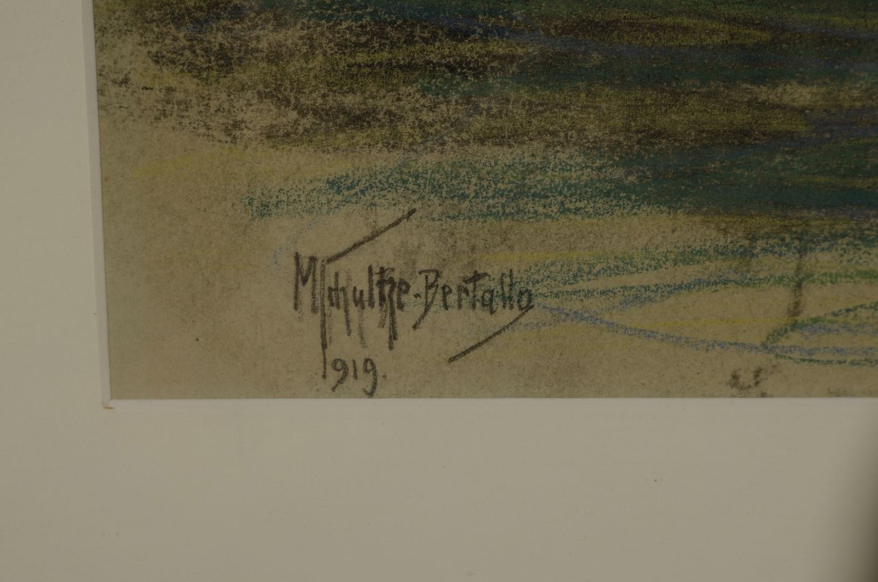 Detail b: Maximilian Schultze-Bertallo, geb. 1866 Berlin, zwei Buntstiftzeichnungen, 1x Haus hinter Bäumen, links unten signiert, dat. 1919 und bez: für ...