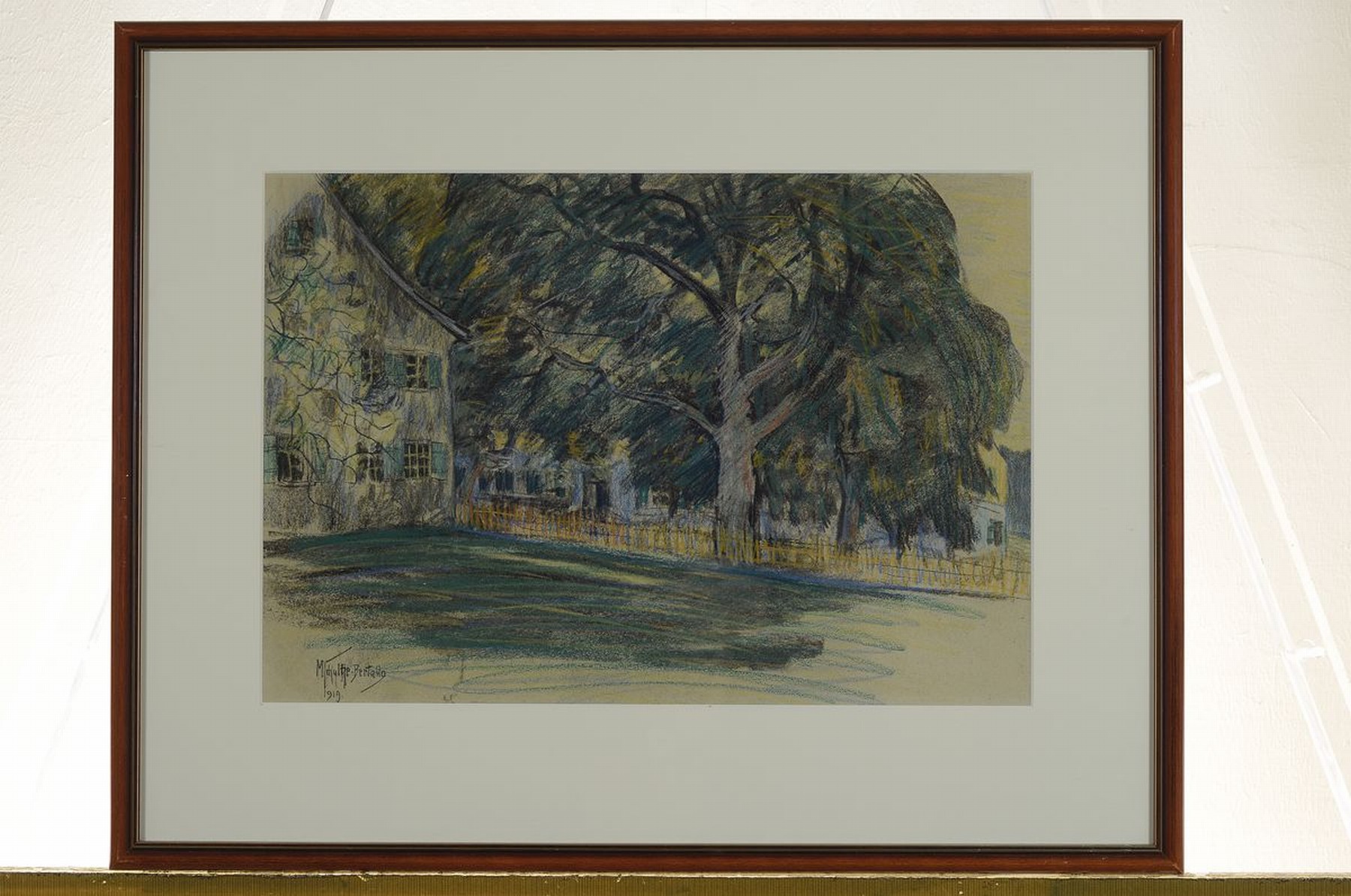 Detail l: Maximilian Schultze-Bertallo, geb. 1866 Berlin, zwei Buntstiftzeichnungen, 1x Haus hinter Bäumen, links unten signiert, dat. 1919 und bez: für ...
