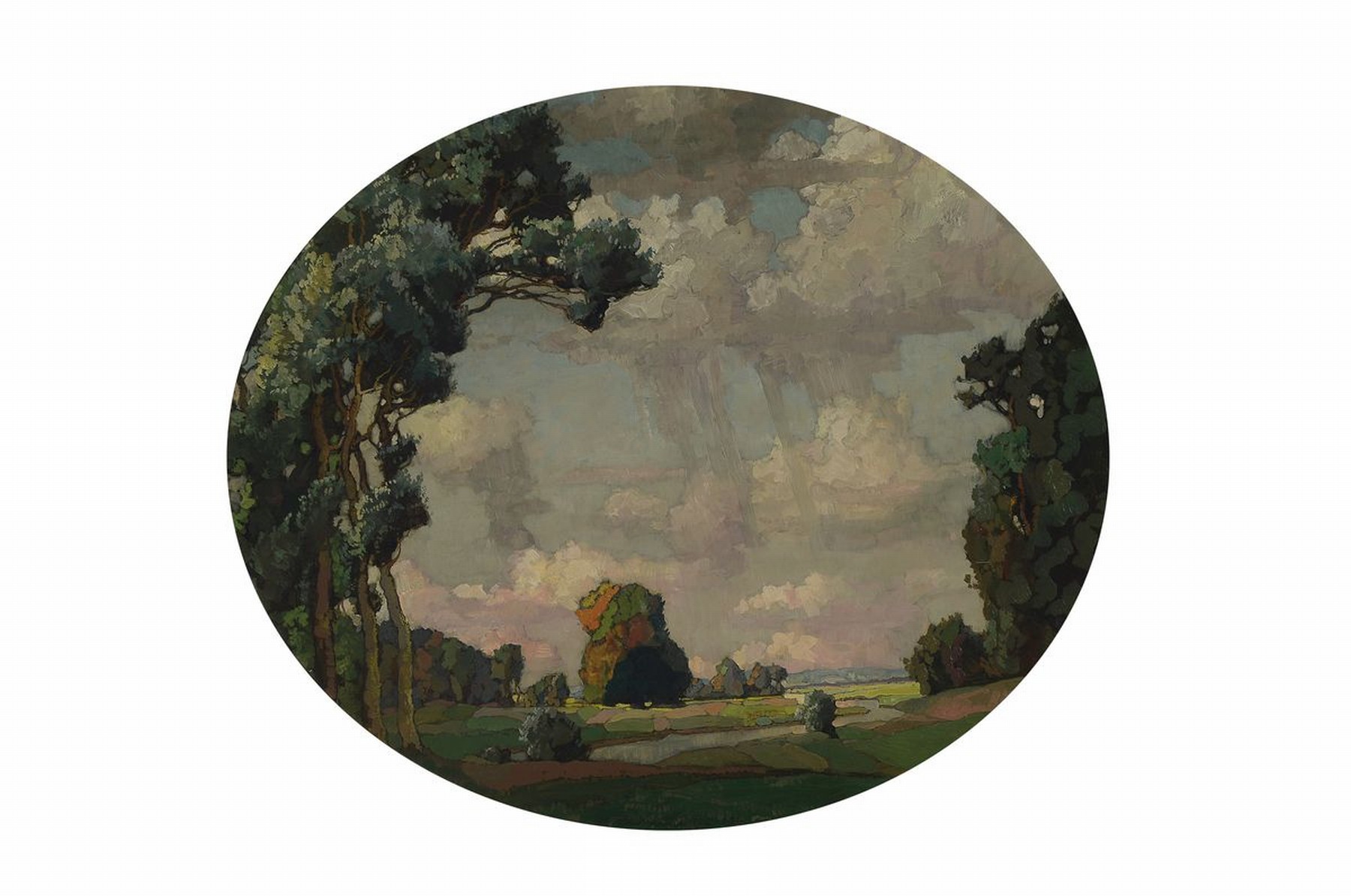 Richard Kaiser, 1868-1941, Landschaft, Öl/Malkarton, mittig unten signiert und bez.: München 1924, im Oval ca. 57x68cm, R. ca. 65x75cm