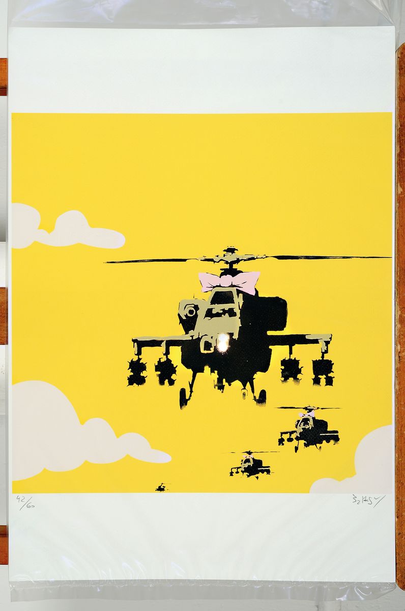 Detail k: Banksy, geb. 1974, britischer Street Art -Künstler, "Happy Choppers", Kampfhubschrauber mit Schleifen, Farboffset, Ed. 42/60, ...